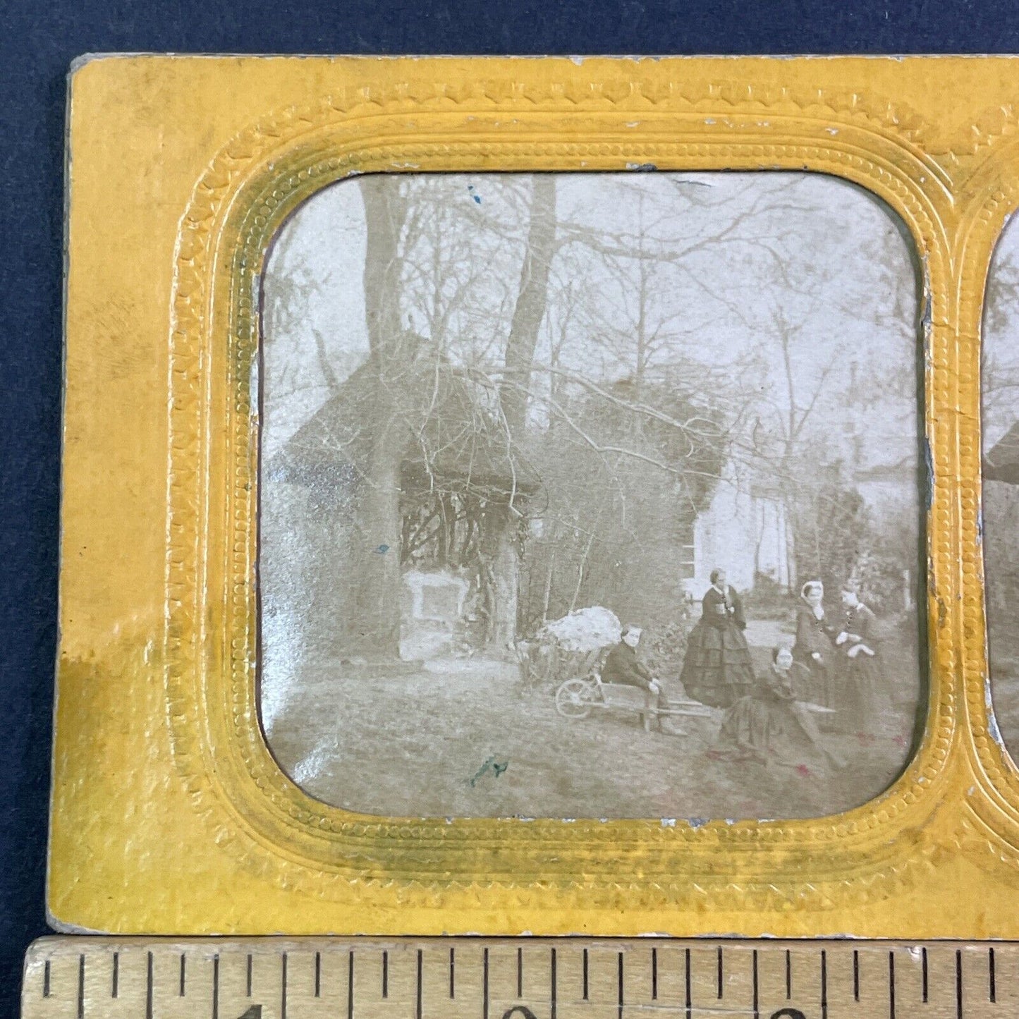 Children Playing In York Ontario Stereoview French Tissue Antique c1850s XT2115