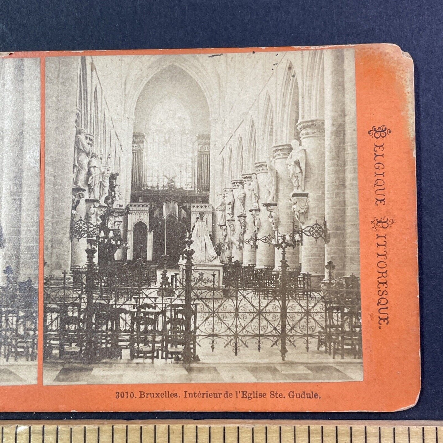 Interior St. Gudule Cathedral Church Stereoview Brussels Antique c1870s X2726