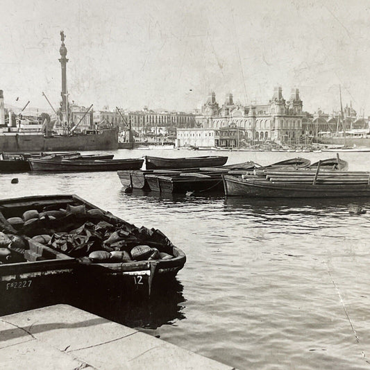 Antique 1920s Barcelona Spain View From Harbor Stereoview Photo Card P5501