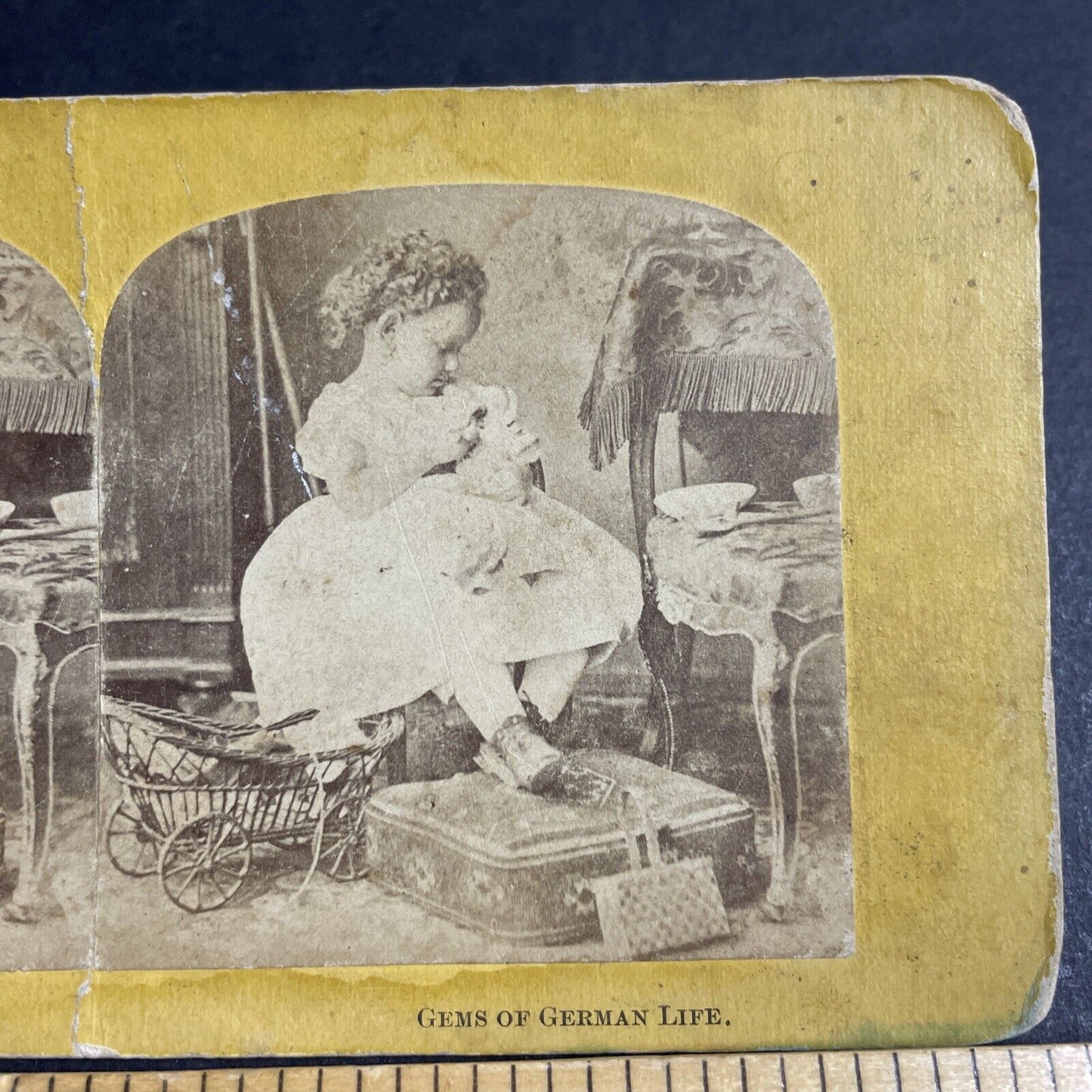 Antique 1870s Little Girl Feeds Her Porcelain Doll Stereoview Photo Card P4700