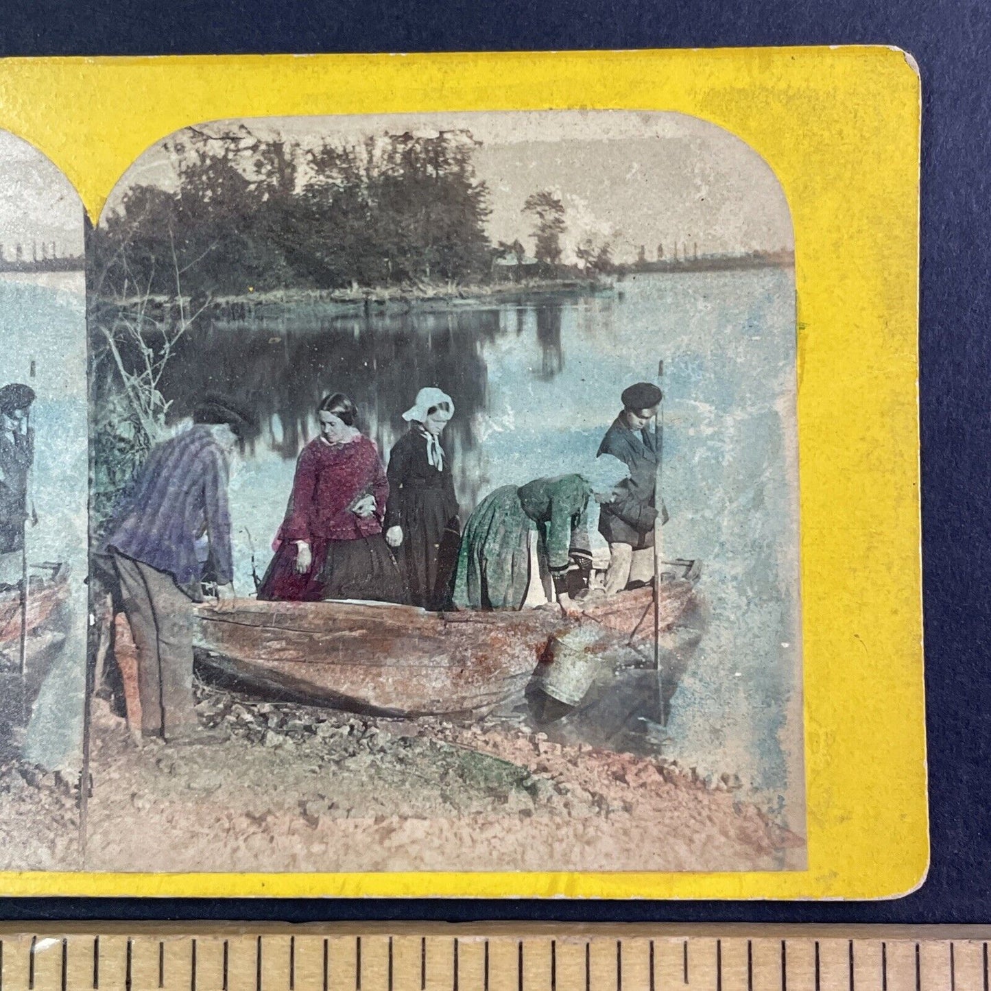 People Make River Crossing in Tree Trunk Boat Stereoview Antique c1860 Y1341