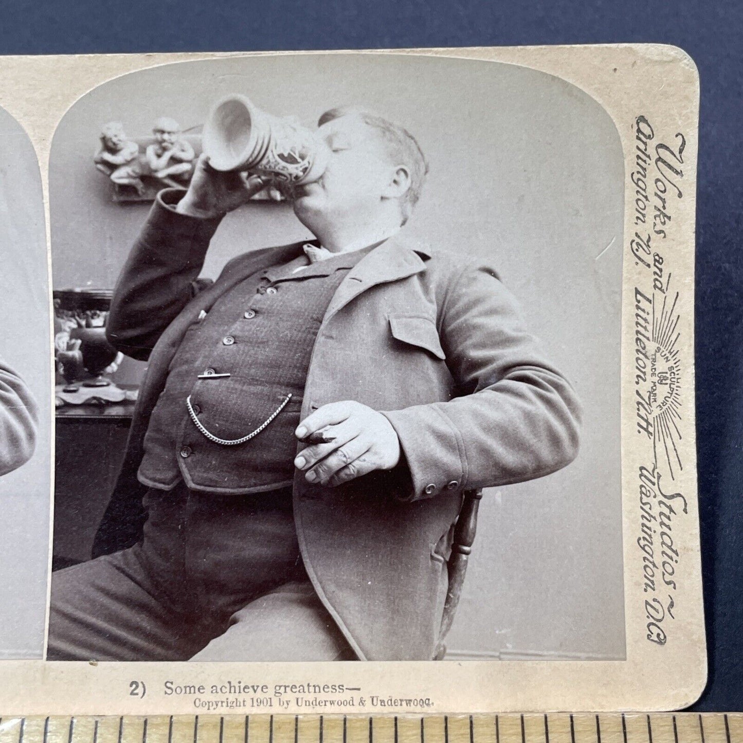 Antique 1901 Man Drinking Beer & Smoking Cigars Stereoview Photo Card V3295