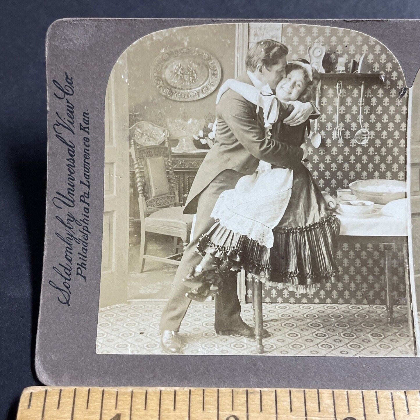 Antique 1902 Man Kisses His Attractive Maid Cook Stereoview Photo Card P5547