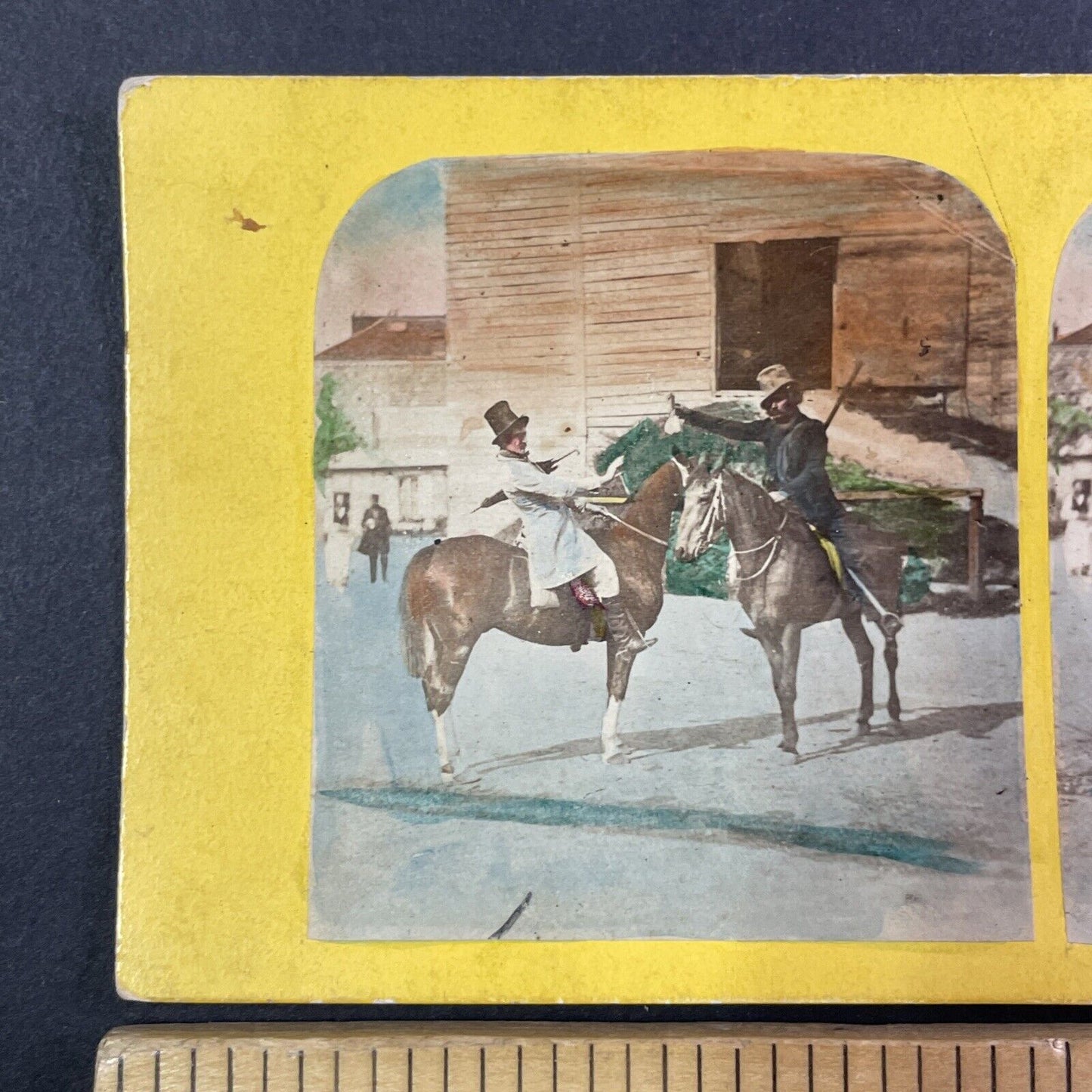 CSA Civil War Mounted Cavalry Stereoview Staged Tax Collector Scene c1860s Y961