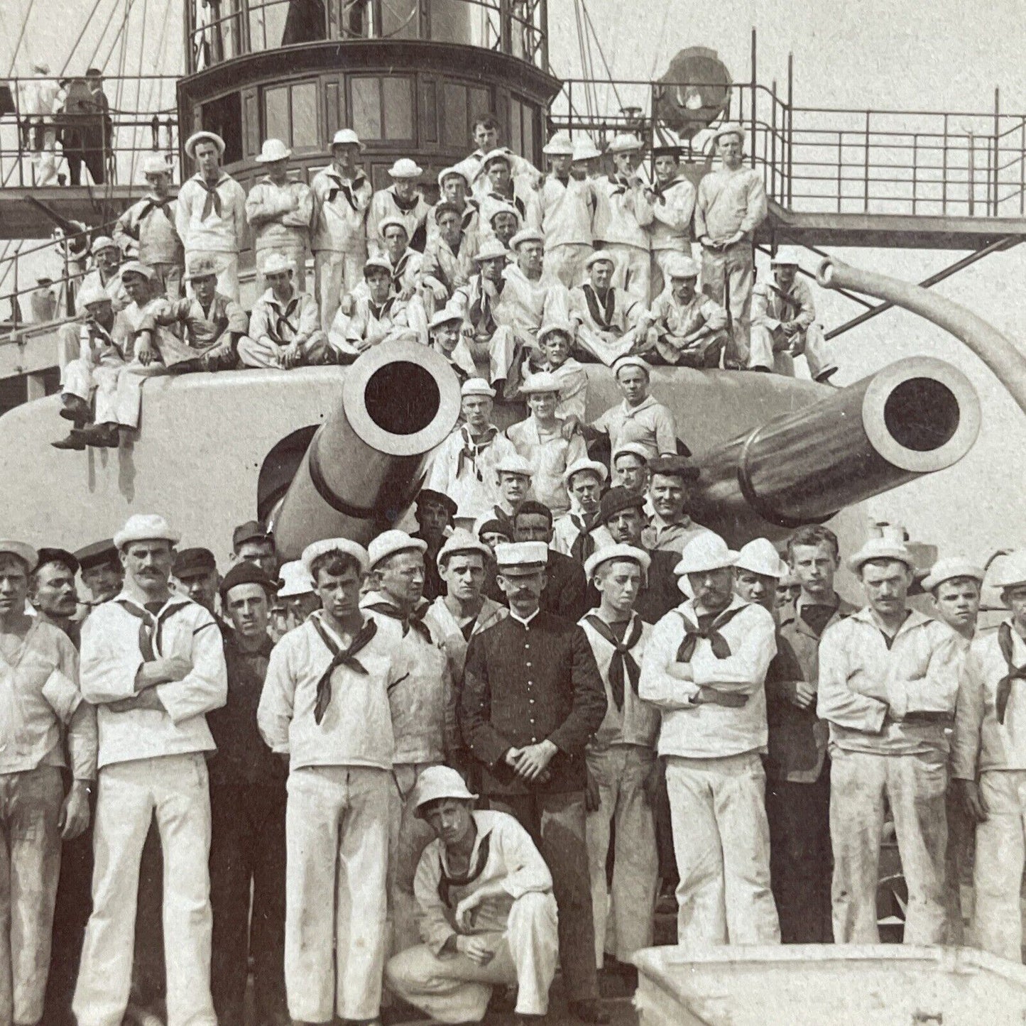 Antique 1898 Navy Sailors On USS Iowa Battleship Stereoview Photo Card P1980-14