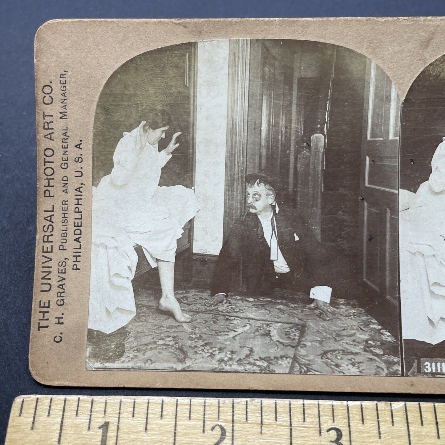 Antique 1897 Beaten & Bloodied Man Comes Home Drunk Stereoview Photo Card P2568