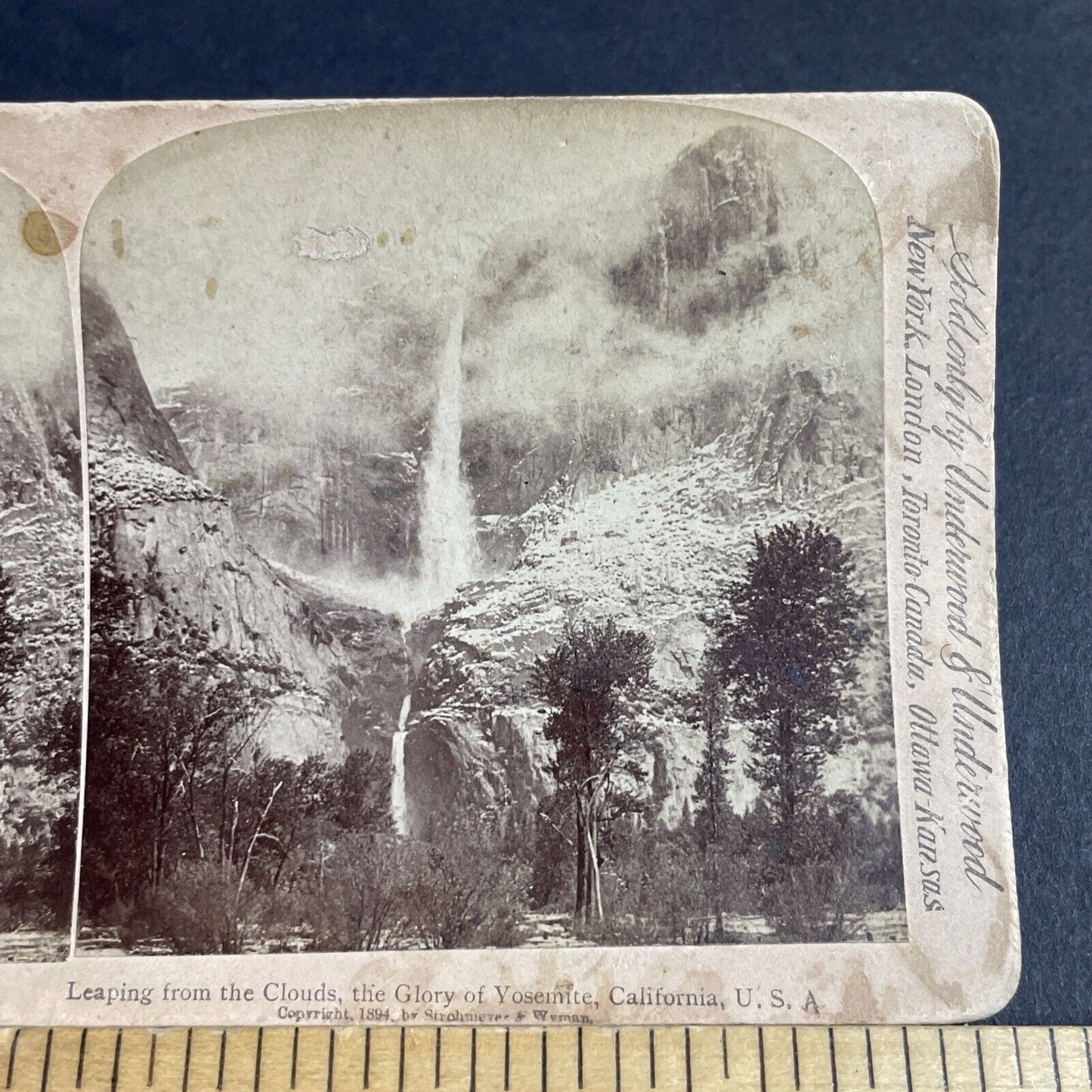 Antique 1894 Large Waterfall Yosemite California Stereoview Photo Card P4321