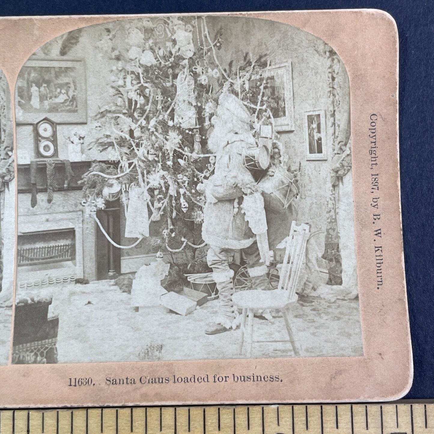 Rare Photo Of Santa Claus With Christmas Tree Stereoview Antique c1897 X3130