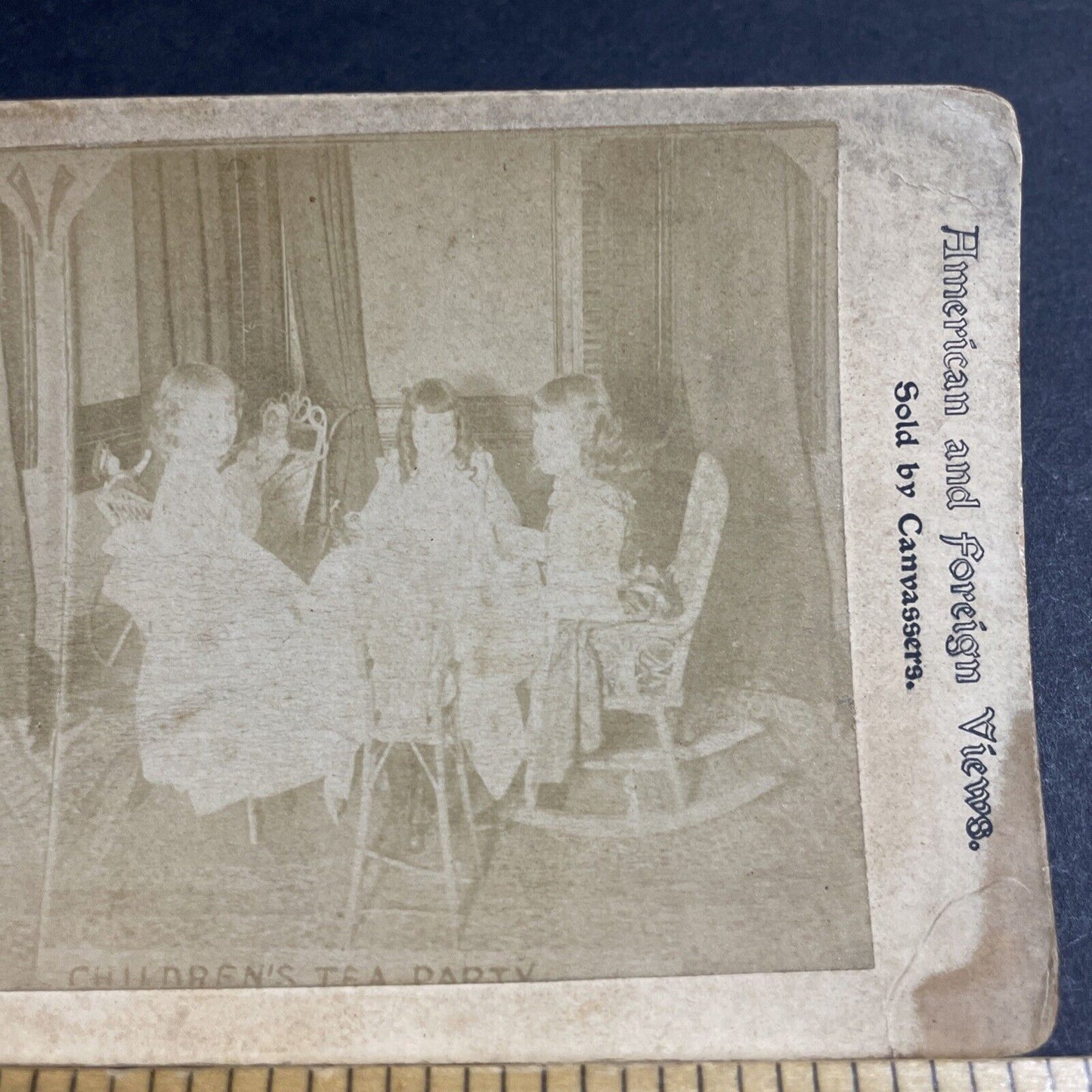 Antique 1870s Little Girls Have A Tea Party Stereoview Photo Card P4716