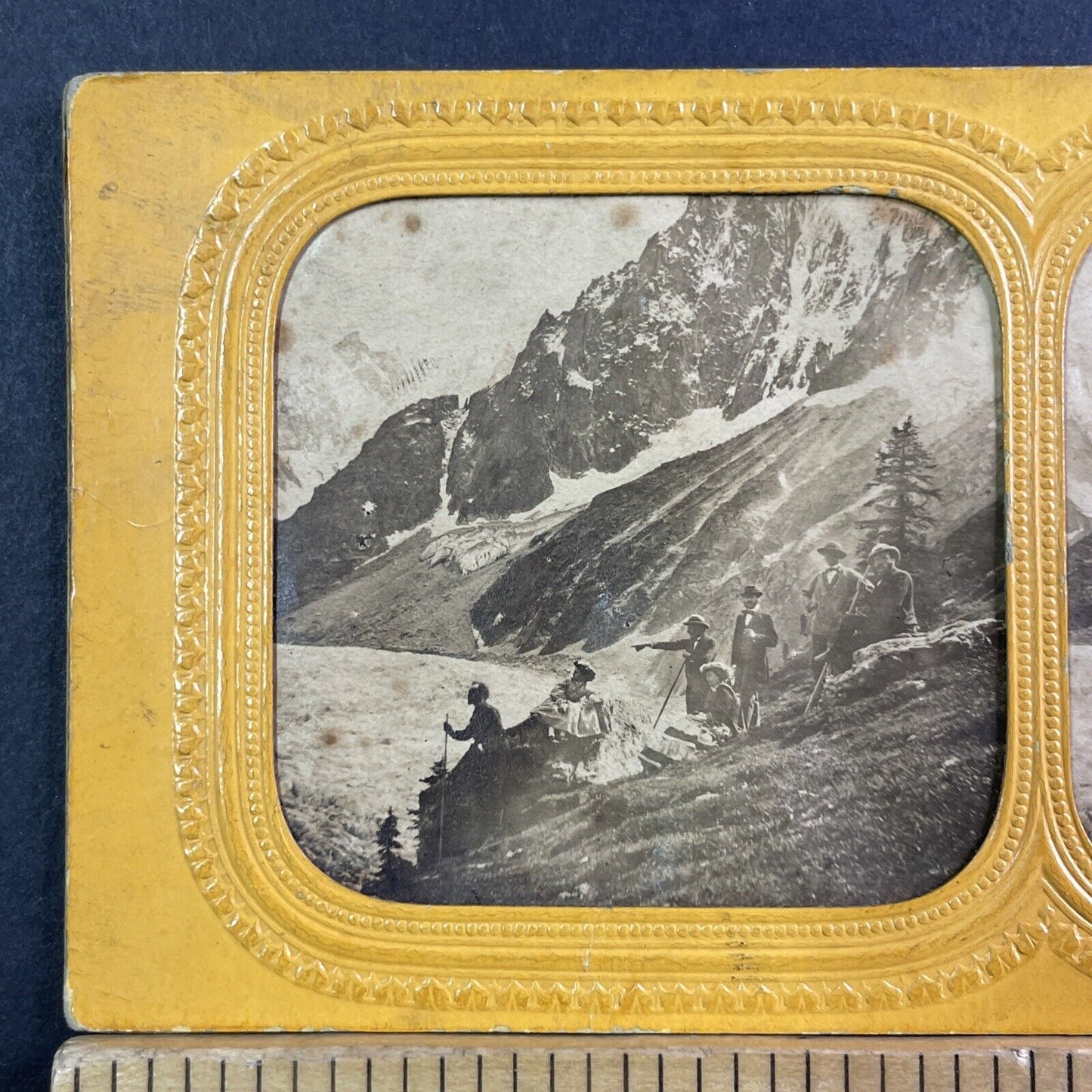 France Hikers Chamonix Glacier Stereoview French Tissue Antique c1850s XT2107