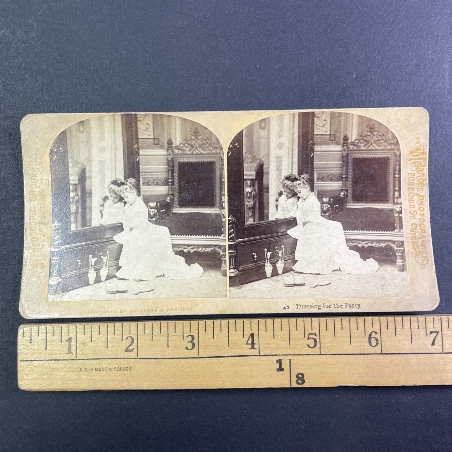 Little Girl Gets Dressed for a Party Stereoview Melander Antique c1876 Y1344