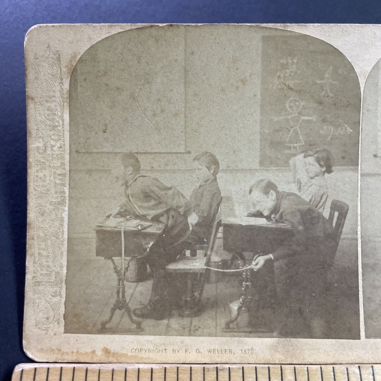 Antique 1870s Boys Put A Tack On Students Chair Stereoview Photo Card P4041