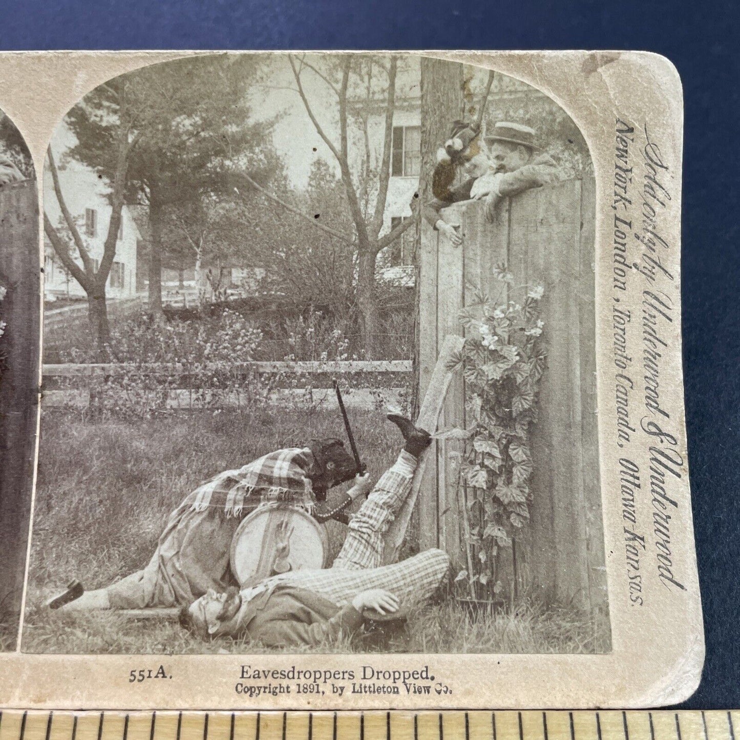 Antique 1891 Man & Woman Fall From Fence Stereoview Photo Card P4084