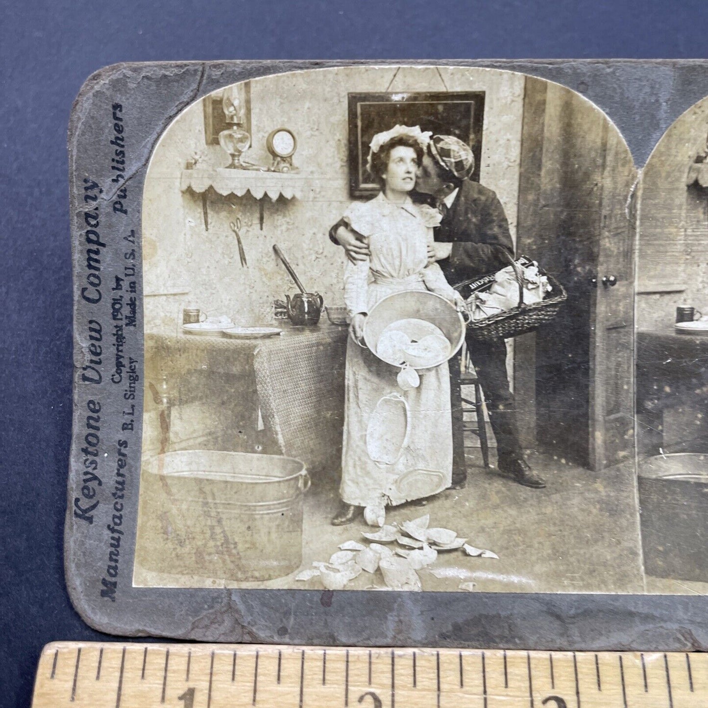 Antique 1901 Woman Breaks Dishes During Kiss Stereoview Photo Card P2684