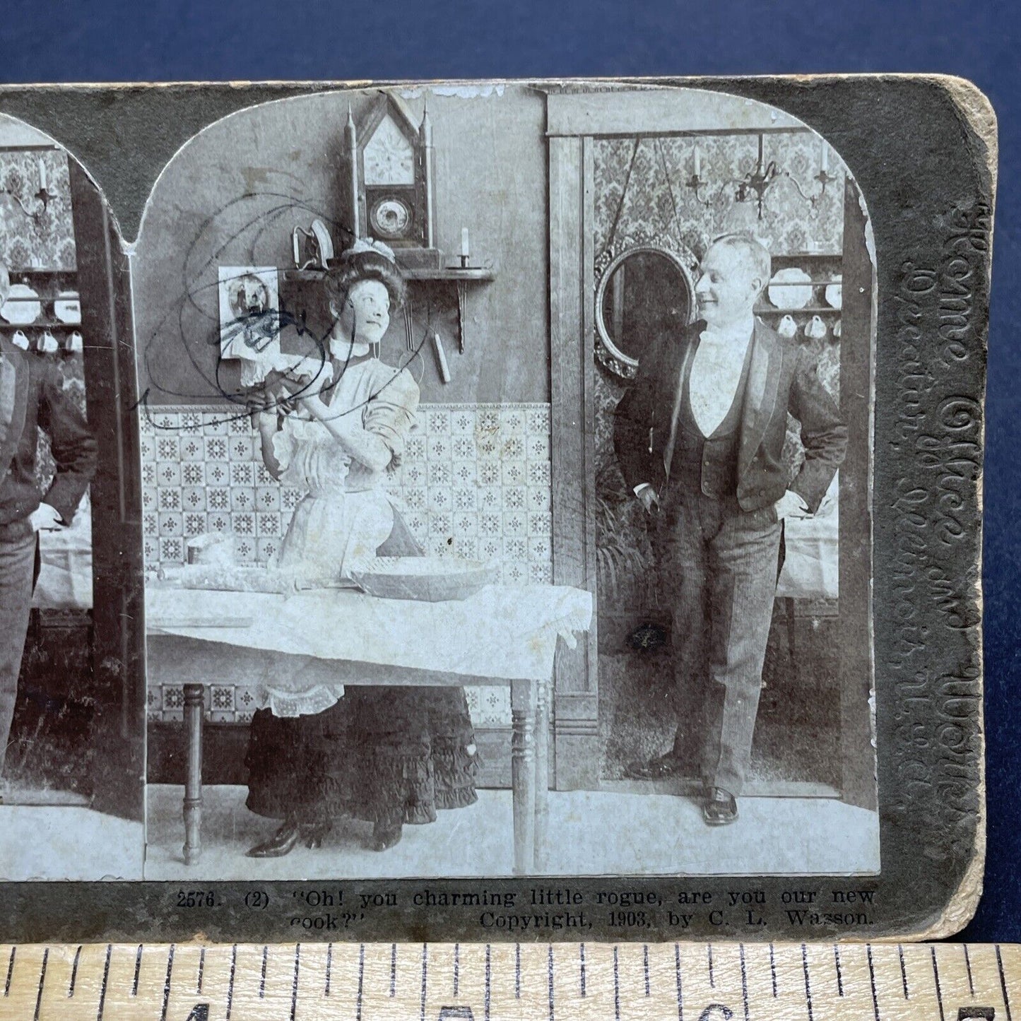 Antique 1903 Woman Making French Bread *GRAFFITI* Stereoview Photo Card P1829