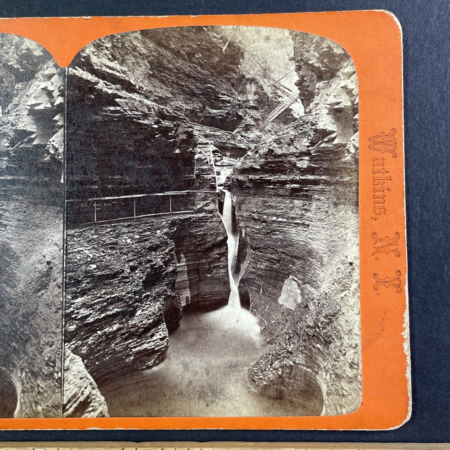 Watkins Glen Gorge Cascade New York Stereoview J.D. Hope Antique c1872 Y1745