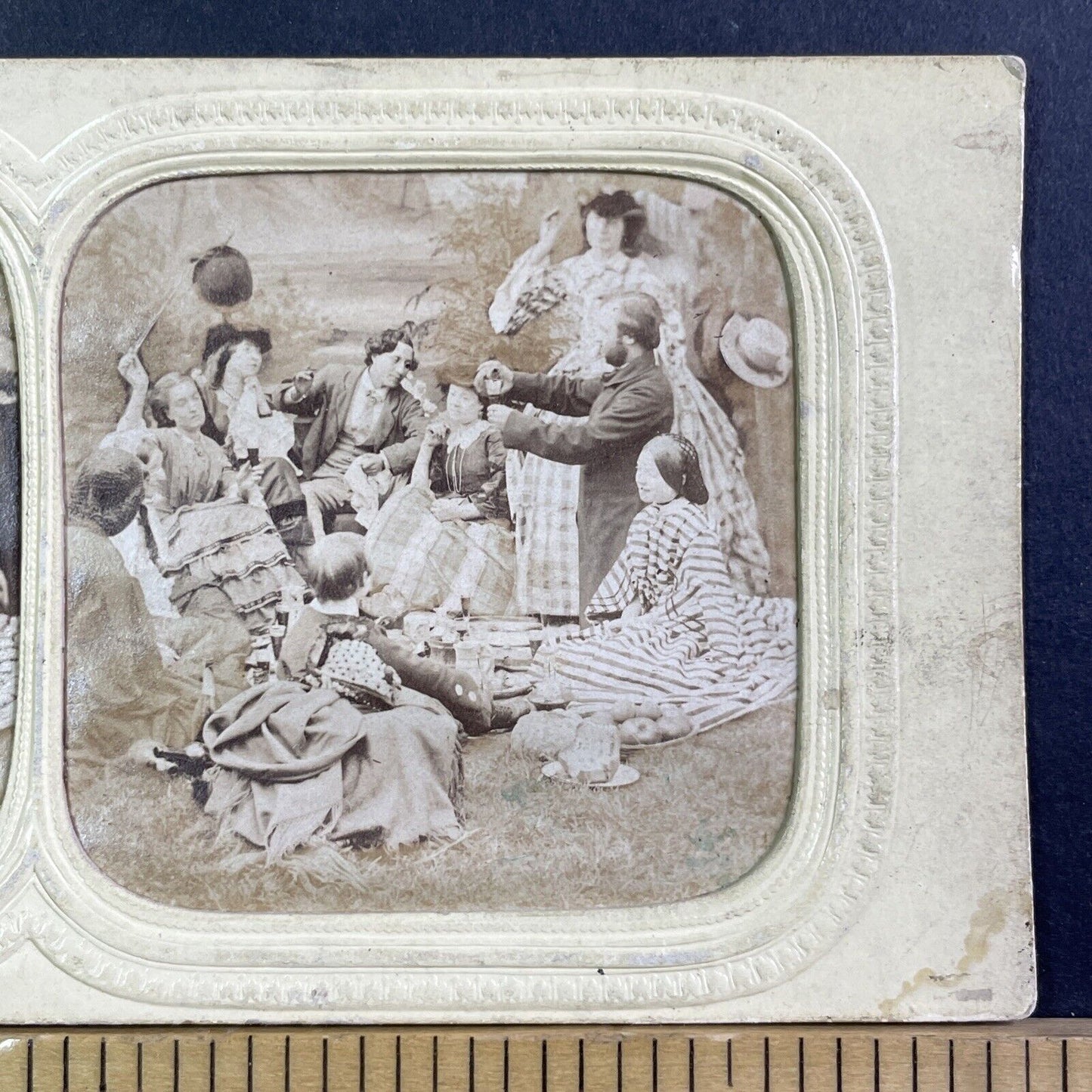 Family Picnic Drinking Wine Stereoview French Tissue Antique c1860s XT2123