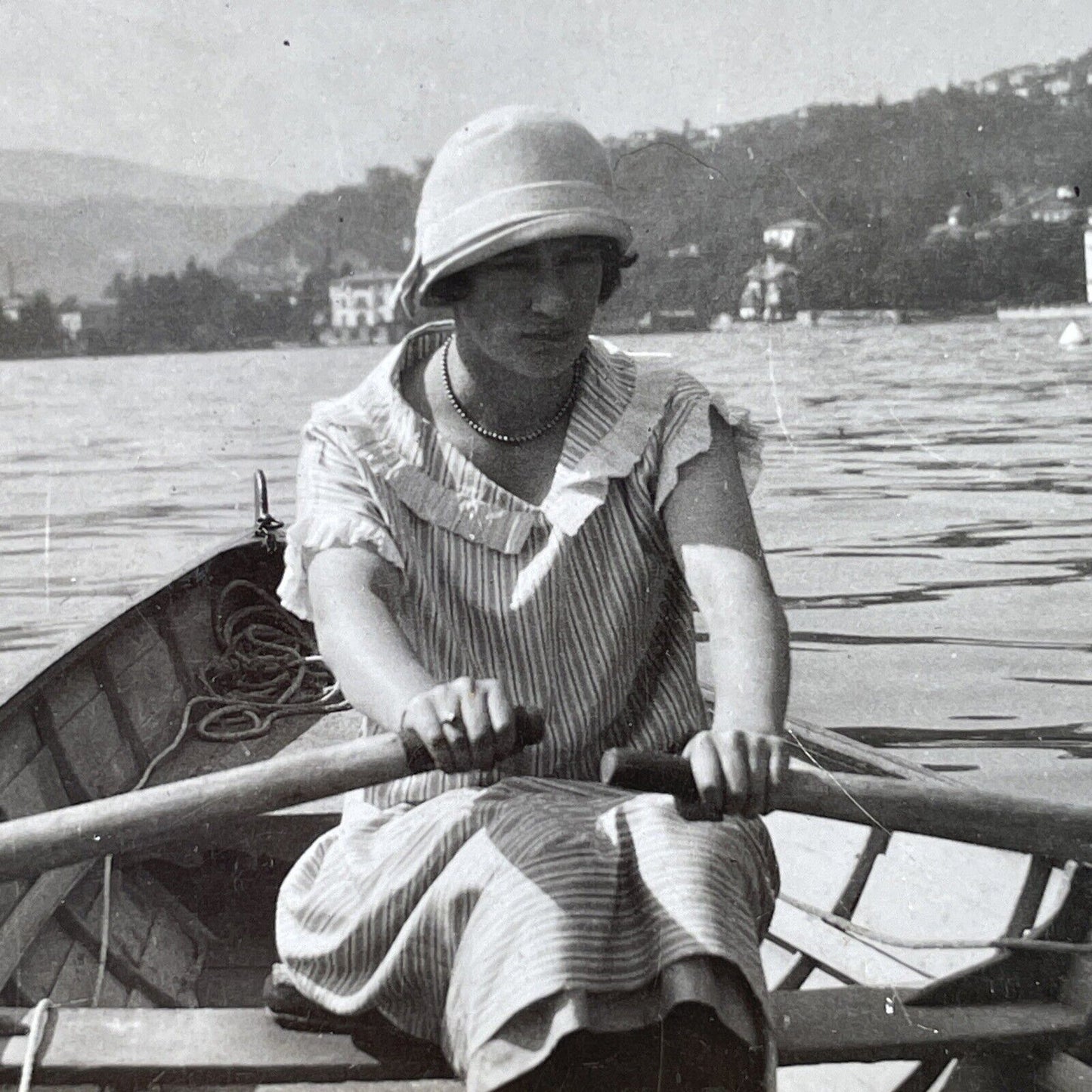 Antique 1925 Wealthy American Woman Row Boat OOAK Stereoview Photo Card P3231