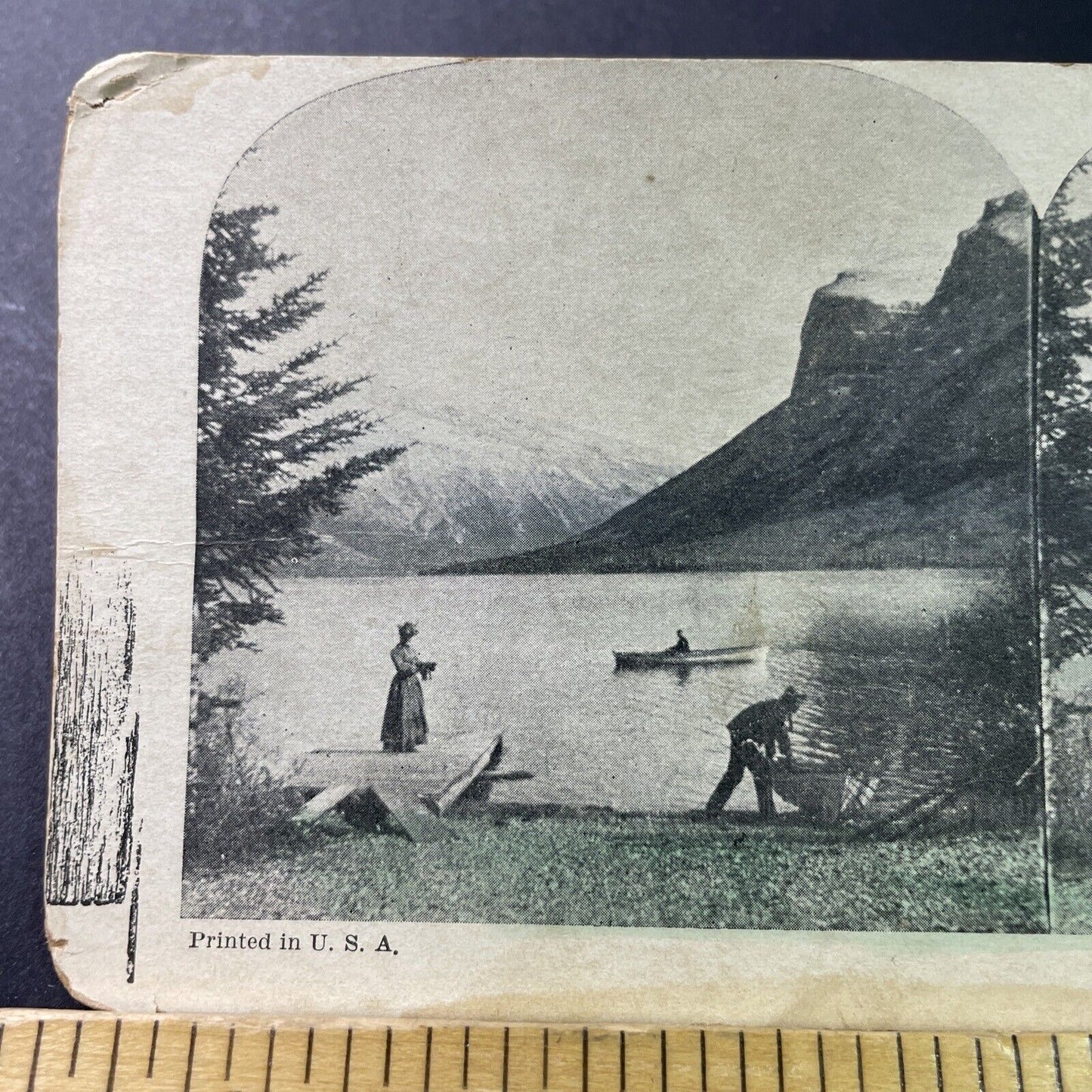 Antique 1890s Rowboats On Lake Minnewanka Alberta Stereoview Photo Card P3319