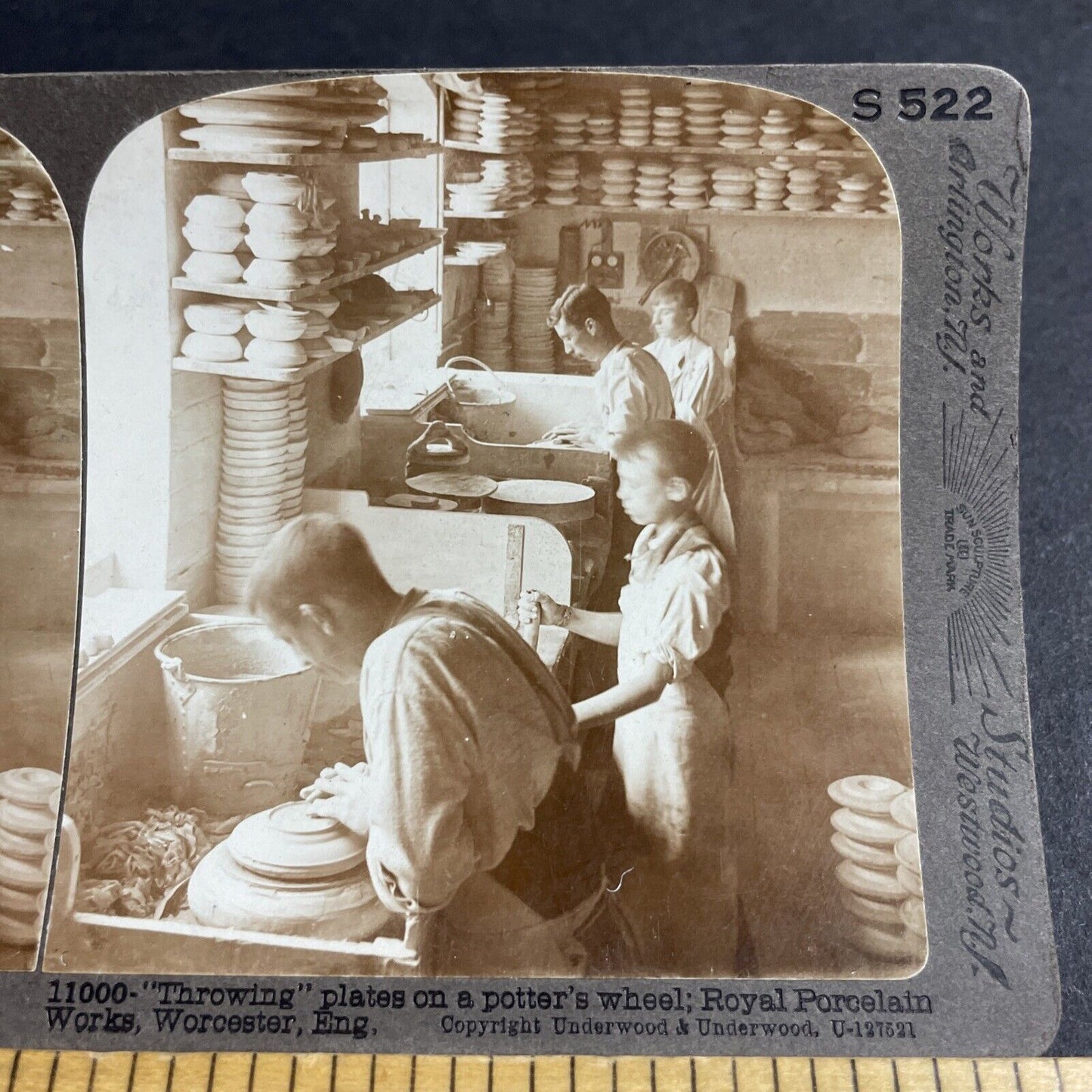 Antique 1906 Children Work In UK Porcelain Factory Stereoview Photo Card P4393