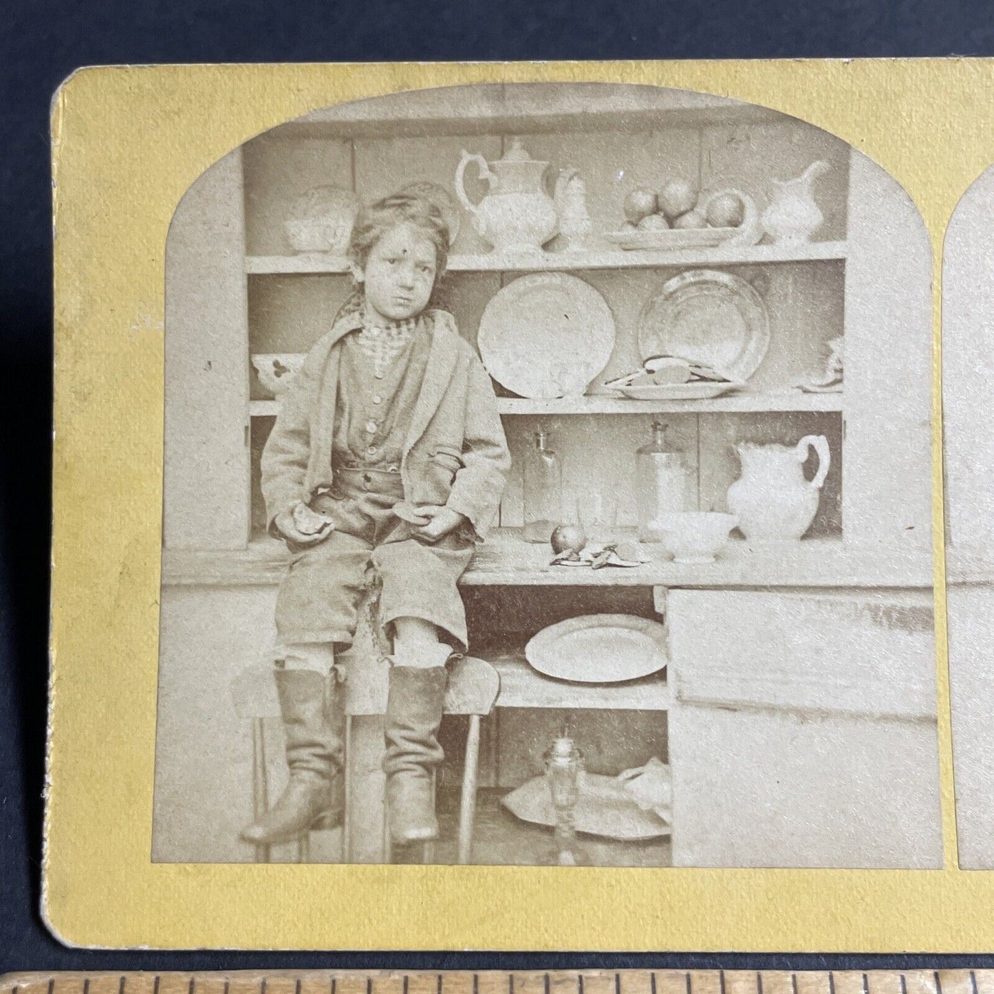 Antique 1870s Boy Caught Stealing A Cookie & Apple Stereoview Photo Card P4695