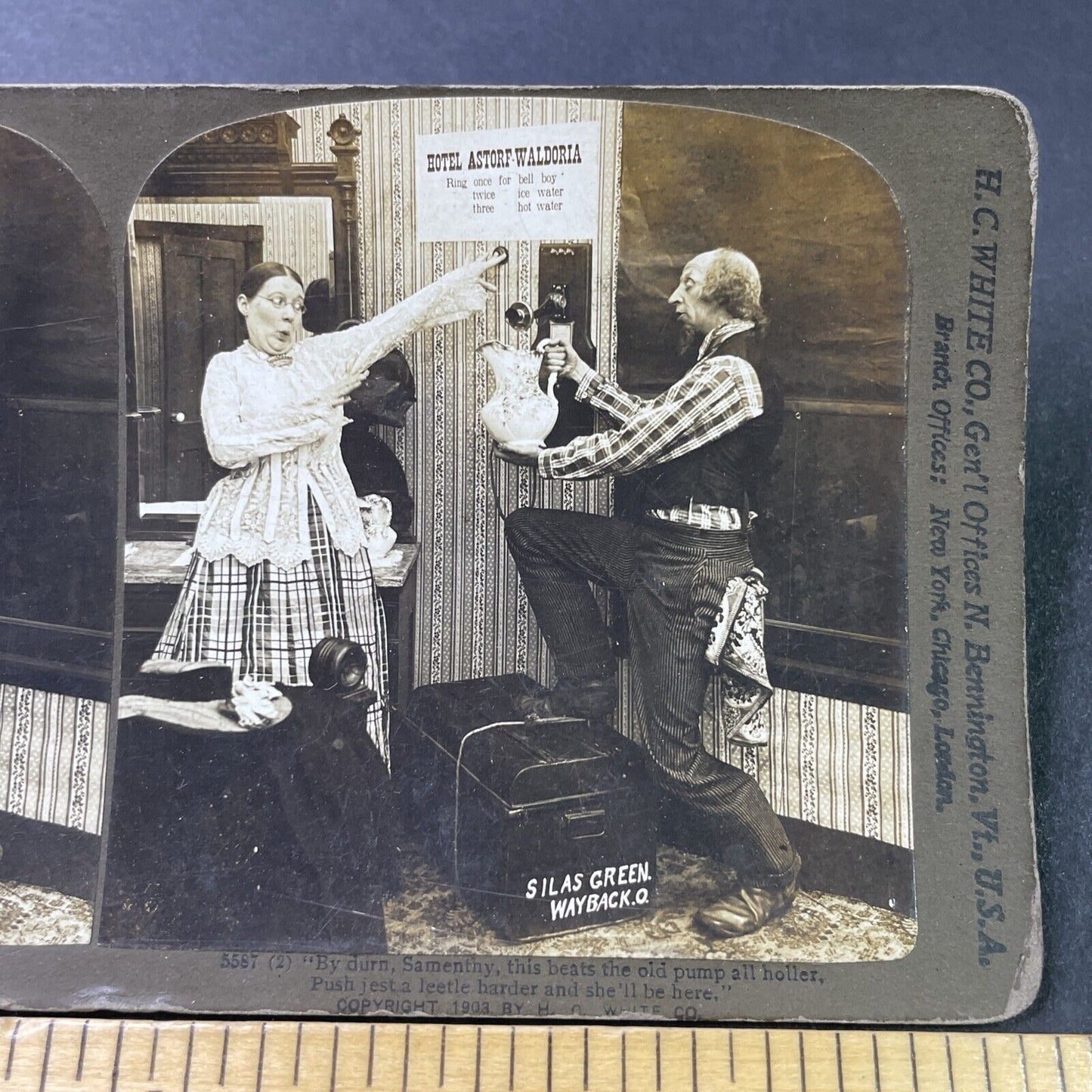 Antique 1903 Man Thinks Telephone Is A Water Tap Stereoview Photo Card P2842