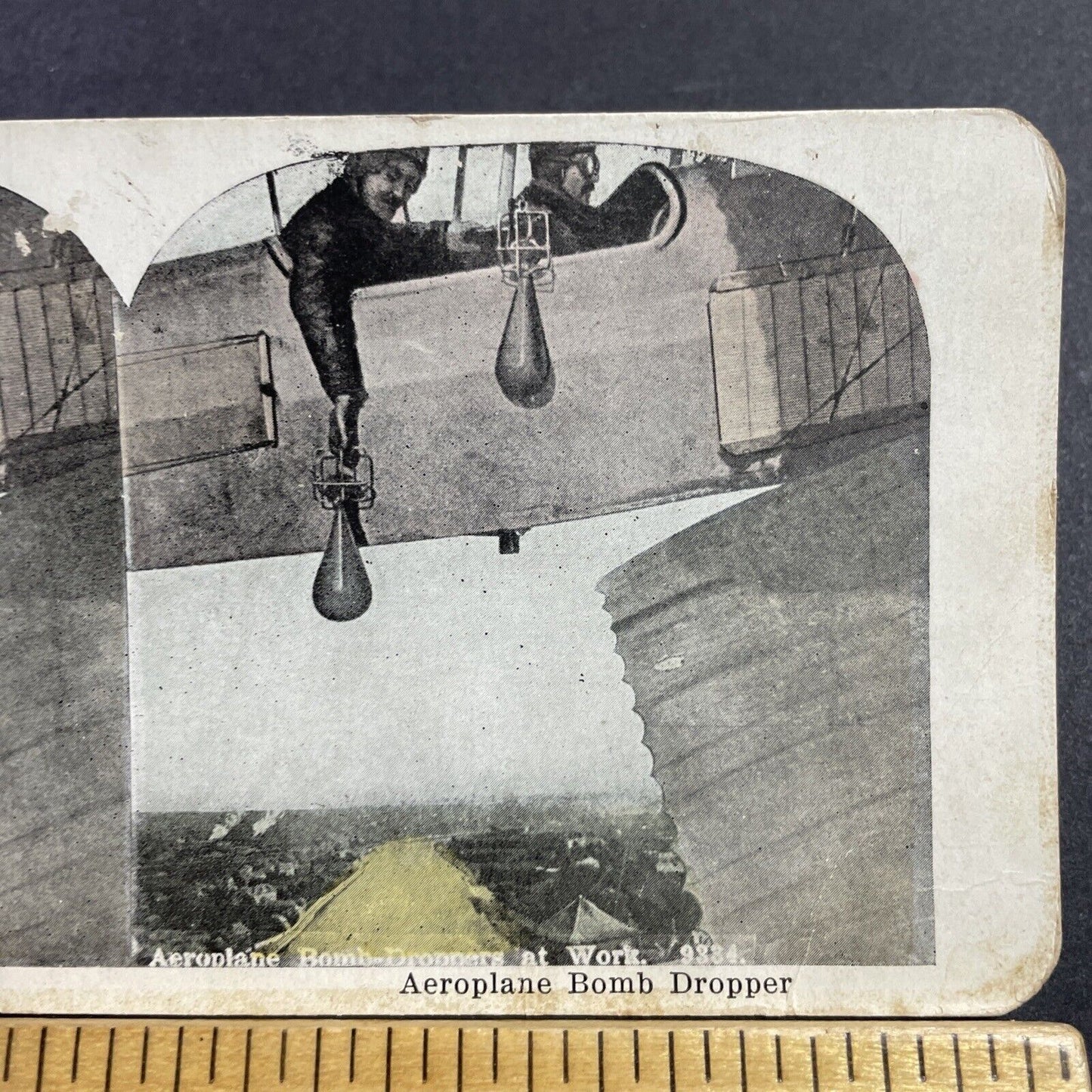 Antique 1906 Men Dropping Bombs From Early Airplane Stereoview Photo Card Q2249