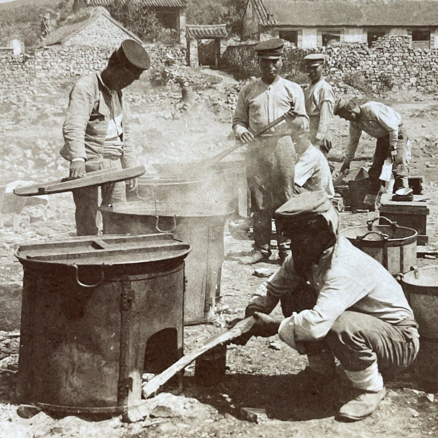 Antique 1904 Japan Army Cooks Making Rice Stereoview Photo Card P380-15