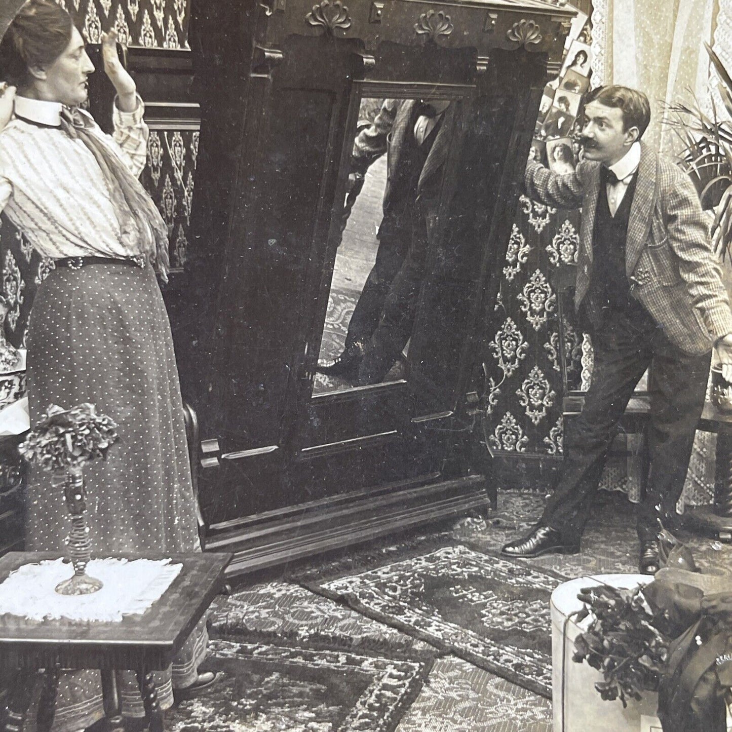 Antique 1903 Man Tips Armoire During Argument Stereoview Photo Card P2699