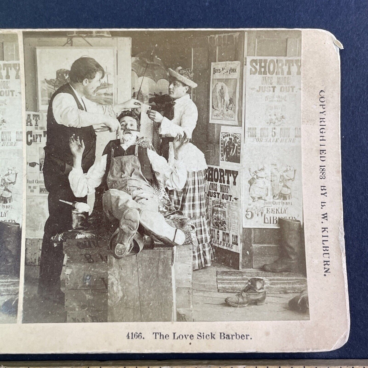 Victorian Barber Shop Shave Stereoview BW Kilburn Antique c1883 X4109