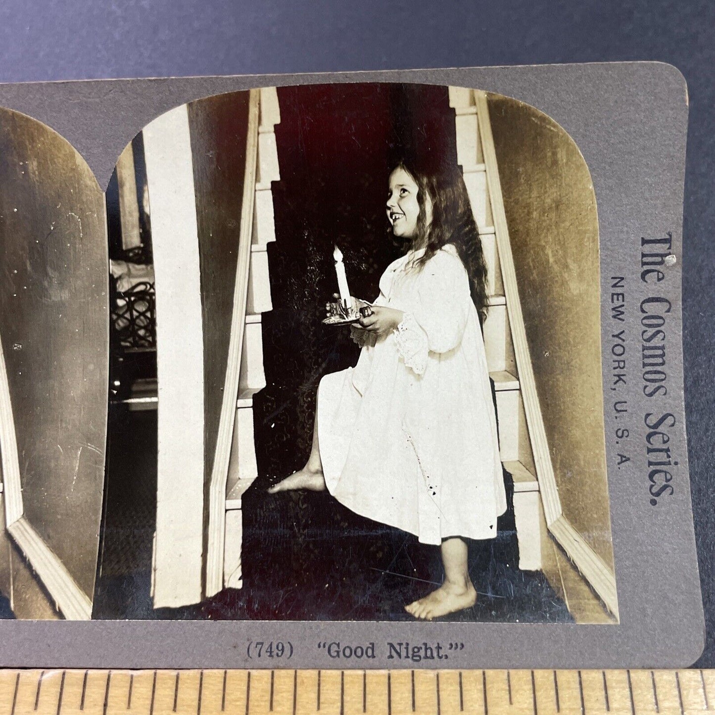 Antique 1890s Victorian Child Carries Candle To Bed Stereoview Photo Card P3439