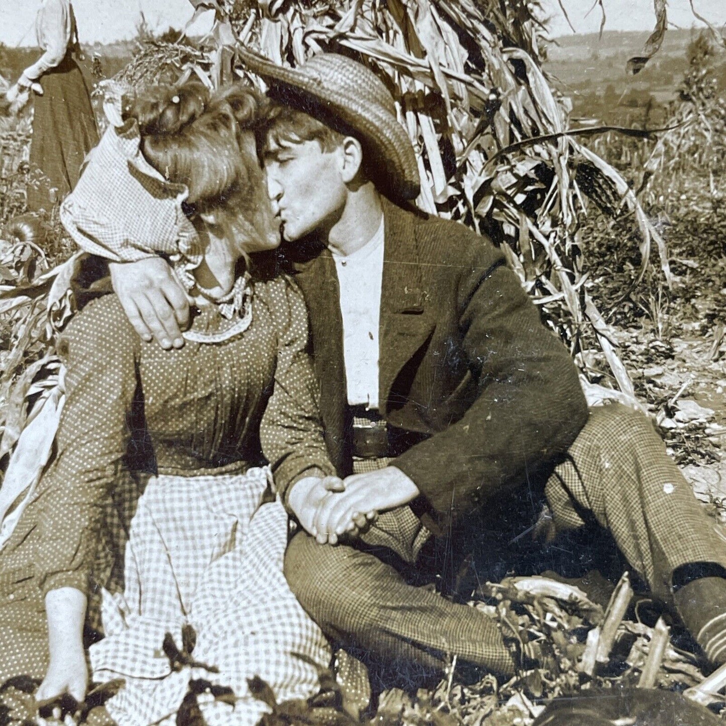 Antique 1900 Two Young Lovers Kiss In Pumpkin Patch Stereoview Photo Card P2602