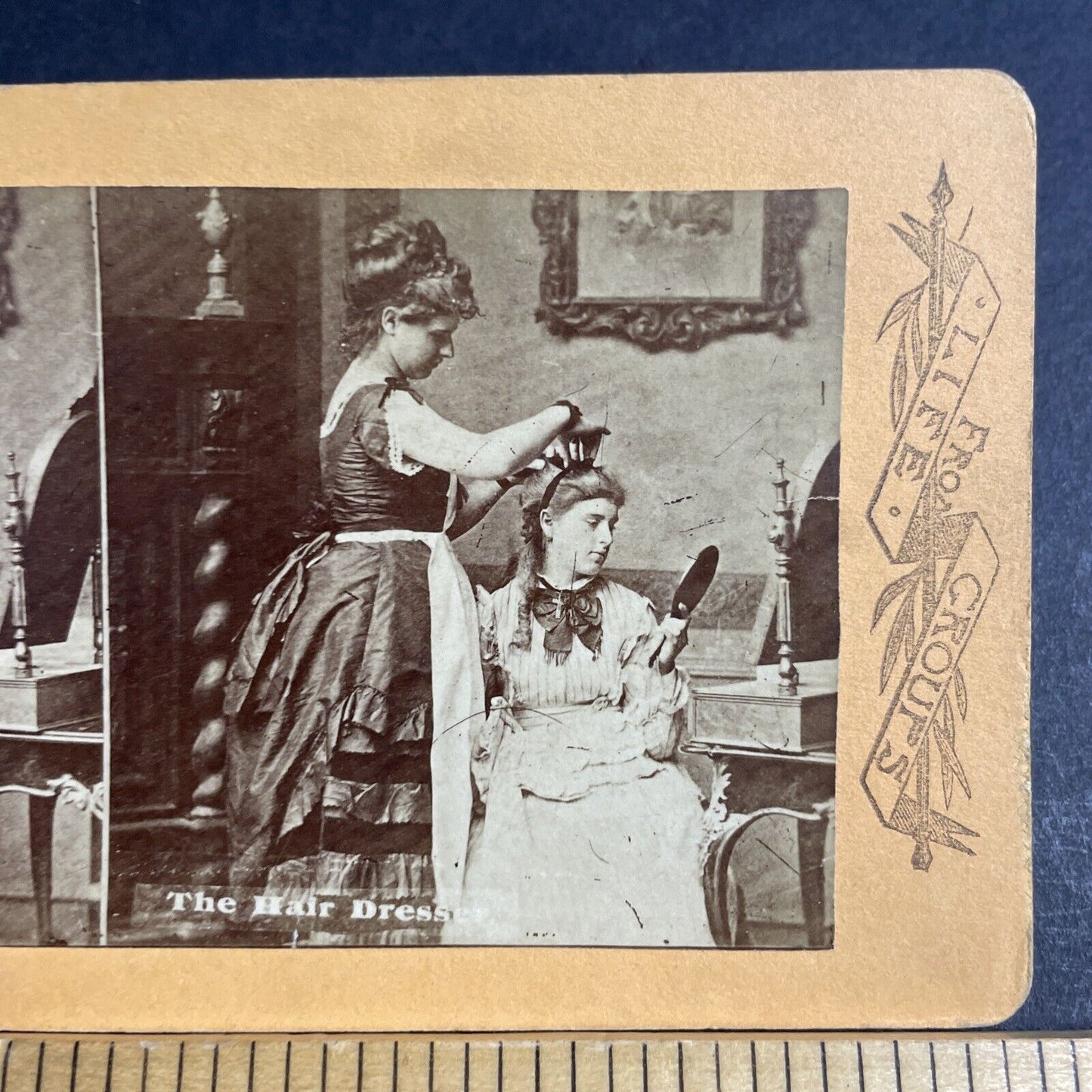 Antique 1870s Hairdresser Fixes Wealthy Womans Hair Stereoview Photo Card P4628