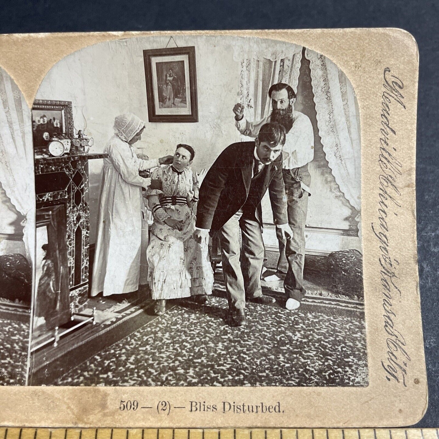 Antique 1893 Father Punches Daughters Boyfriend Stereoview Photo Card P4835