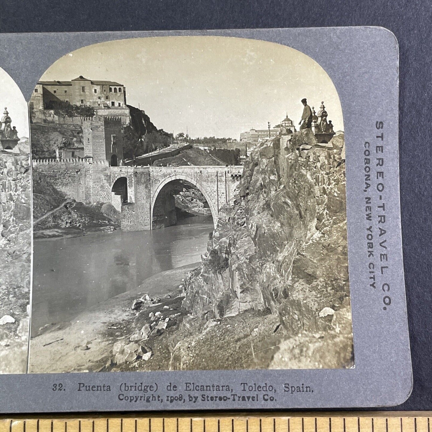 Elcantara Bridge in Toledo Spain Stereoview River View Antique c1908 X4213