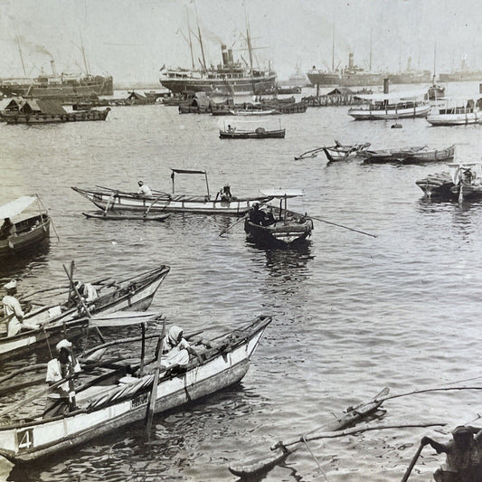 Antique 1901 Fishing Boats At Harbor Sri Lanka Stereoview Photo Card P2171