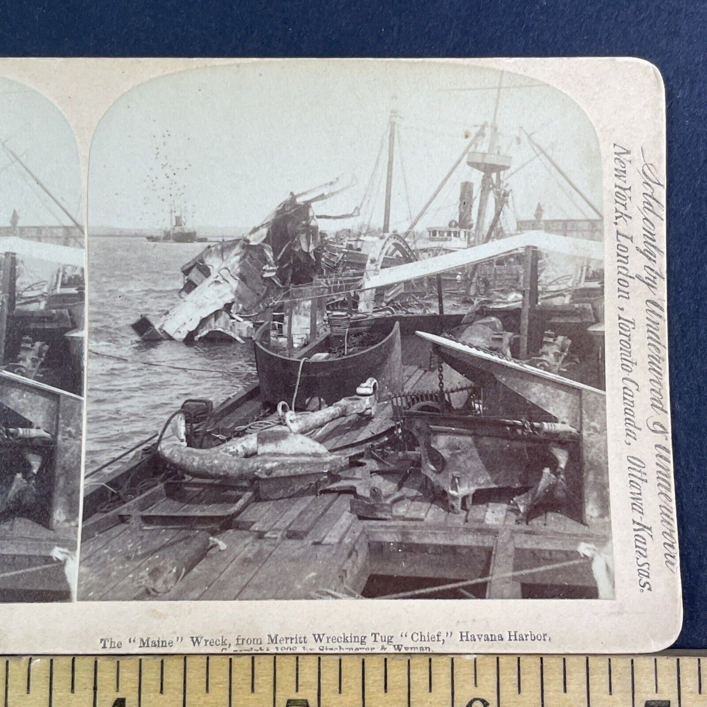 Sinking Of The USS Maine Navy Cruiser Wreck Stereoview Antique c1898 X3151