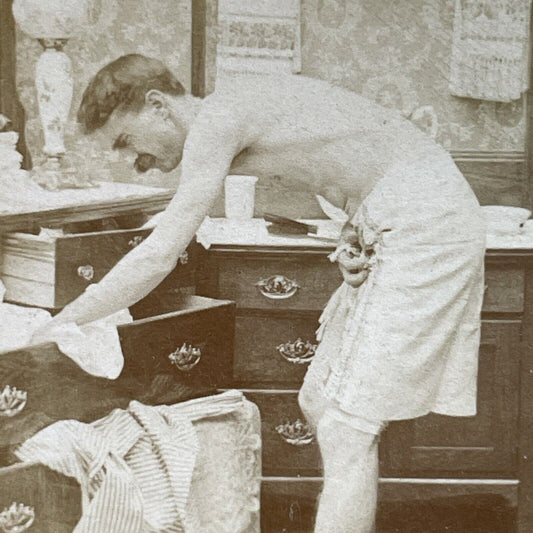 Antique 1897 Man Destroys Room Looking For Shirt Stereoview Photo Card P3957