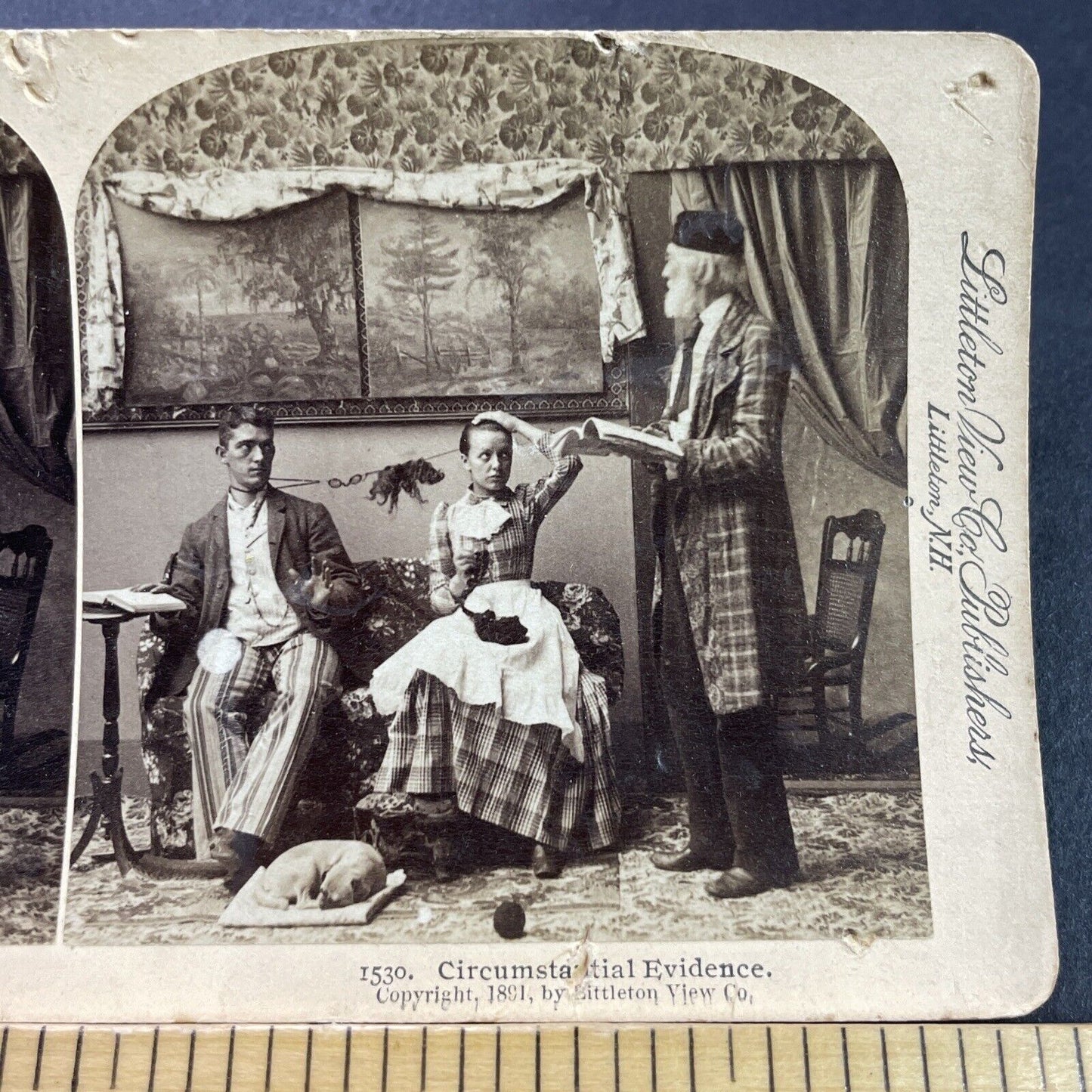 Antique 1891 Man & Woman Tied Together After Kissing Stereoview Photo Card P4123