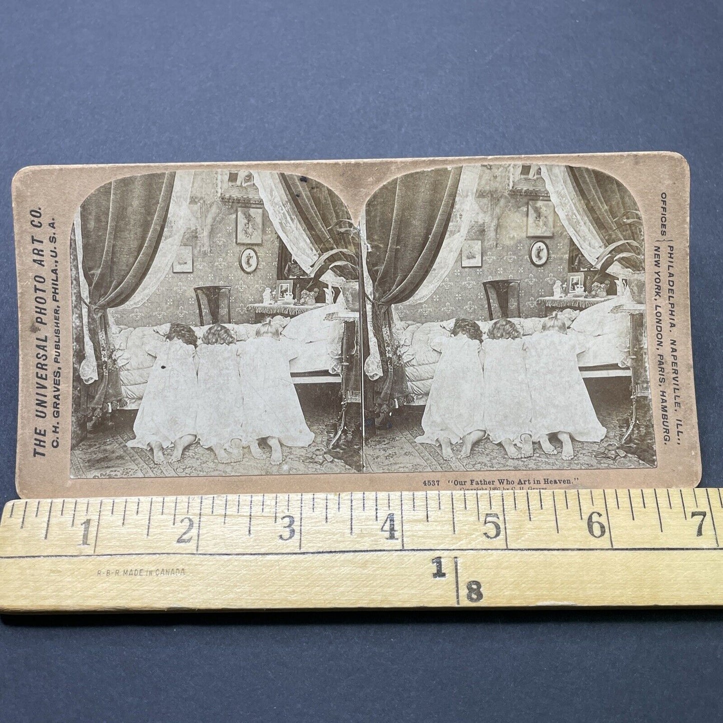 Antique 1897 Sisters Say Bedtime Prayers Stereoview Photo Card P2566