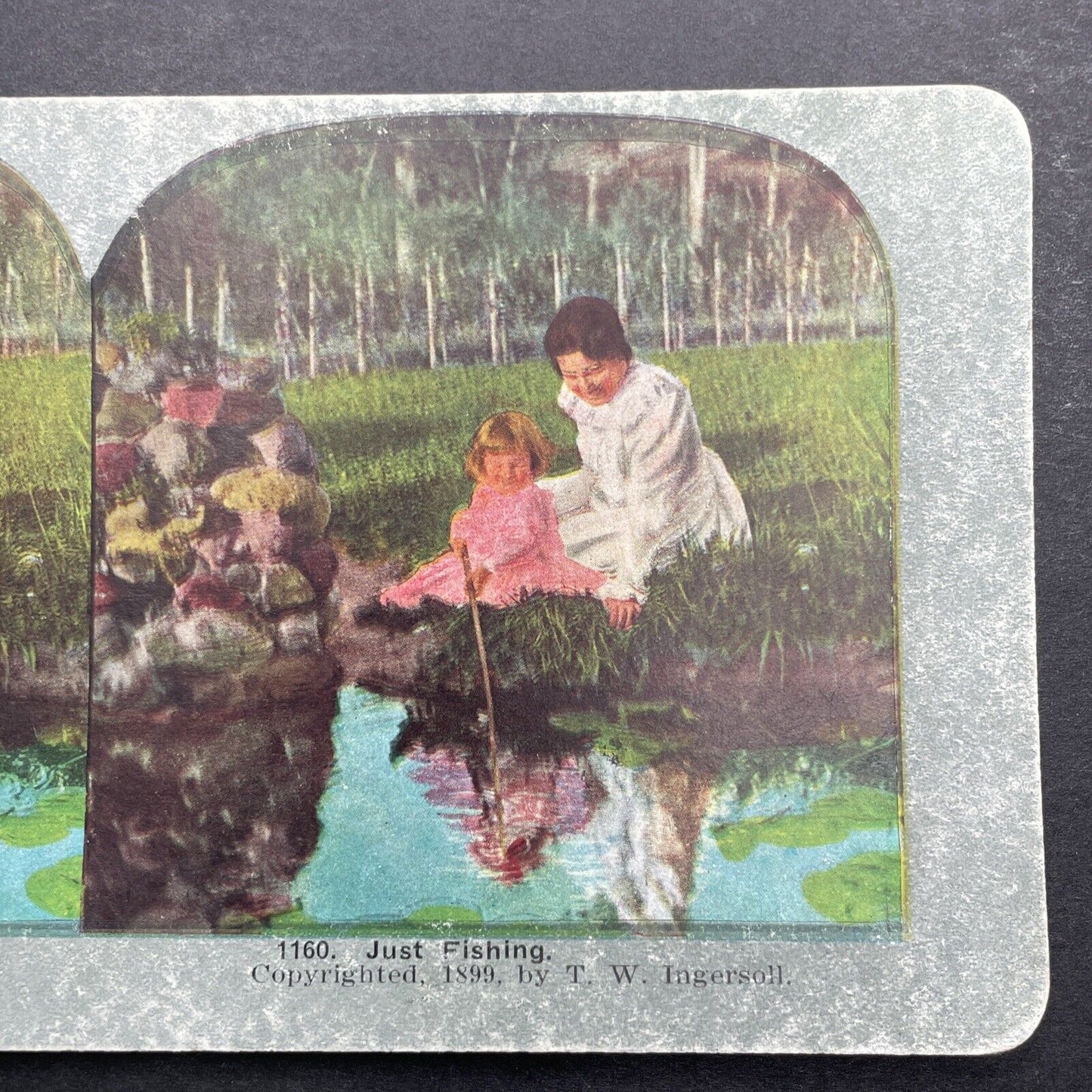 Antique 1899 Mother And Child Playing In Pond Stereoview Photo Card P580-010