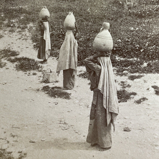 Antique 1900 Women Carry Water Jugas Imwas Palestine Stereoview Photo Card P1388