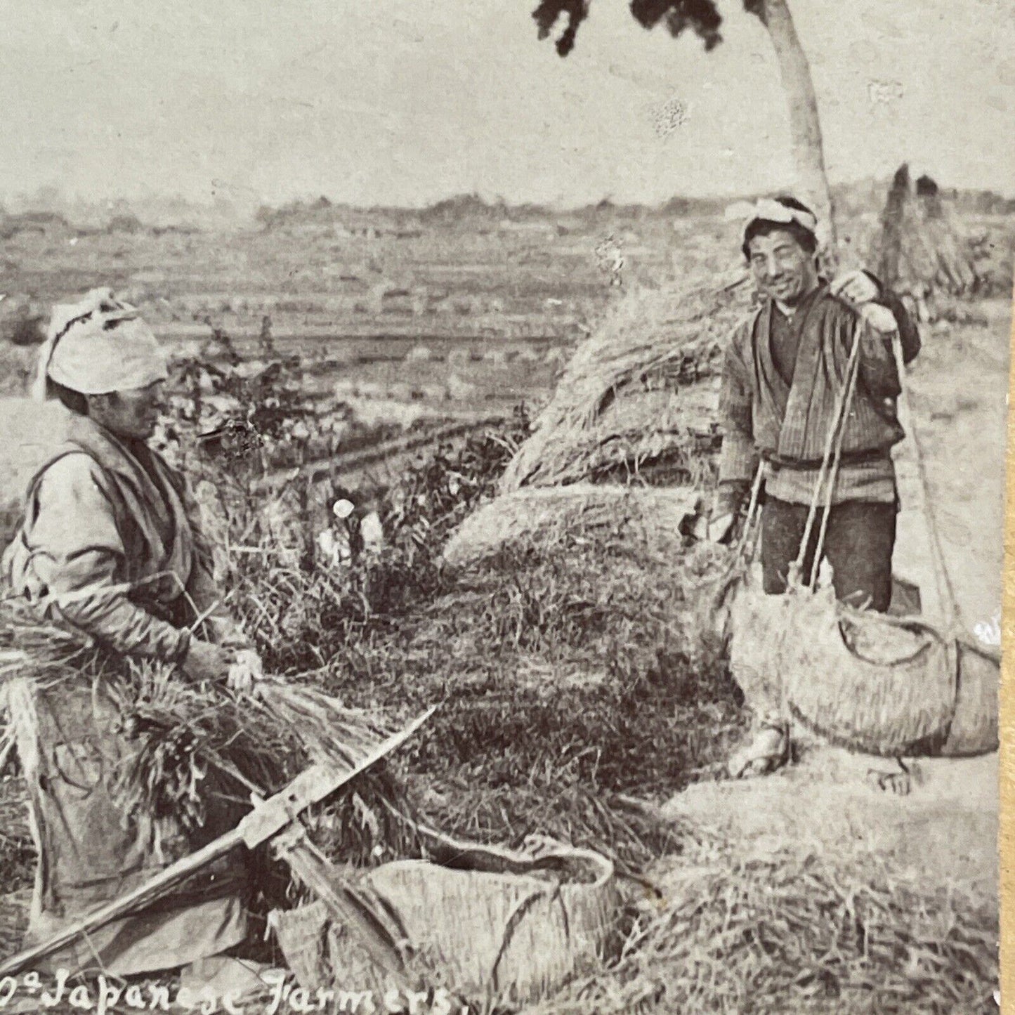 Traditional Japanese Farmers Stereoview Kusakabe Kimbei Antique c1870 X3110 RARE