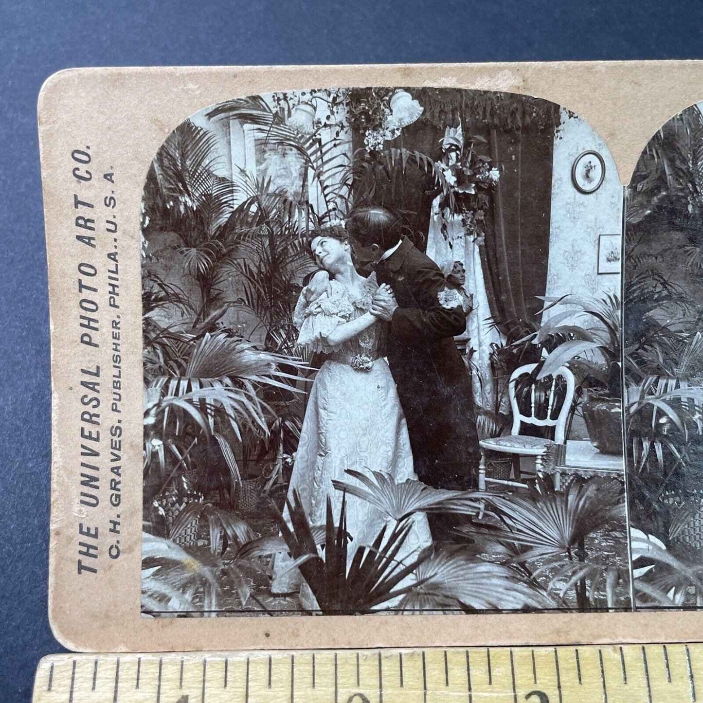 Antique 1897 Man Kisses Woman Under Mistletoe Stereoview Photo Card P2976