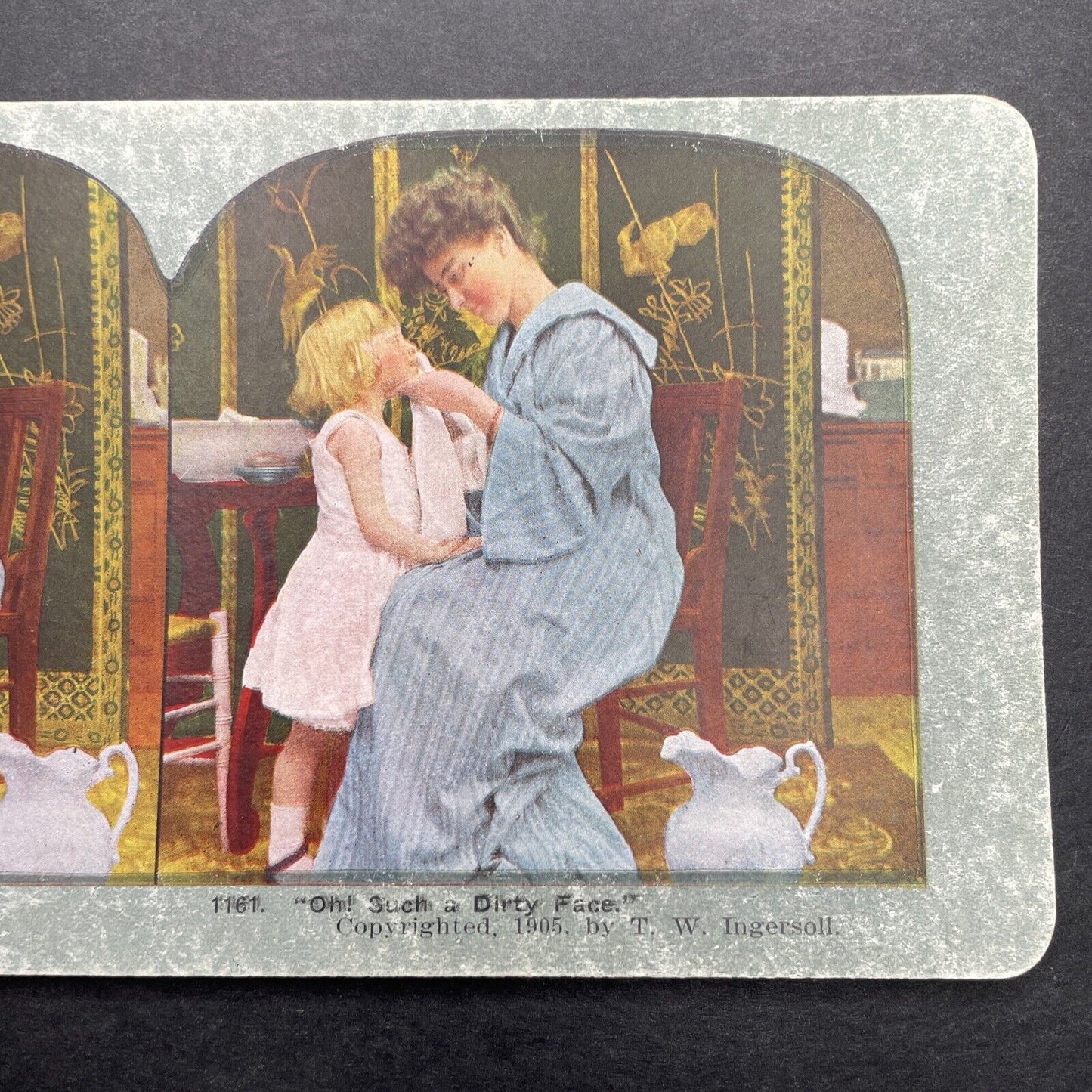 Antique 1905 Mother Washes Child's Face Stereoview Photo Card P580-011