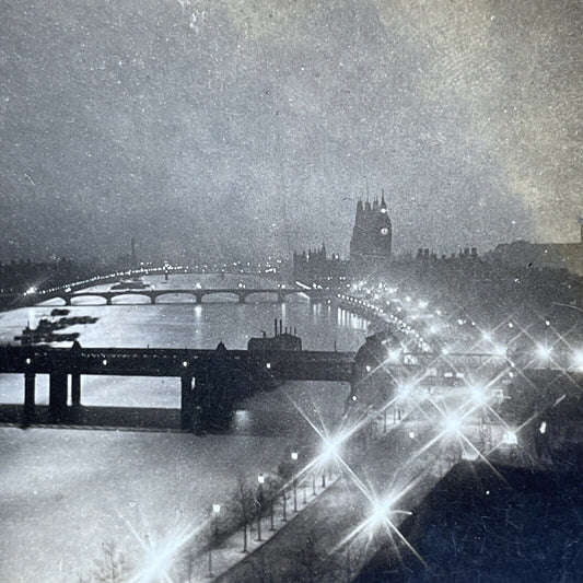 Antique 1902 London At Night Along Thames River Stereoview Photo Card P1978