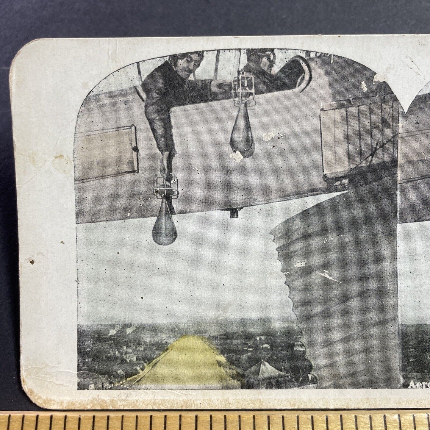 Antique 1906 Men Dropping Bombs From Early Airplane Stereoview Photo Card Q2249