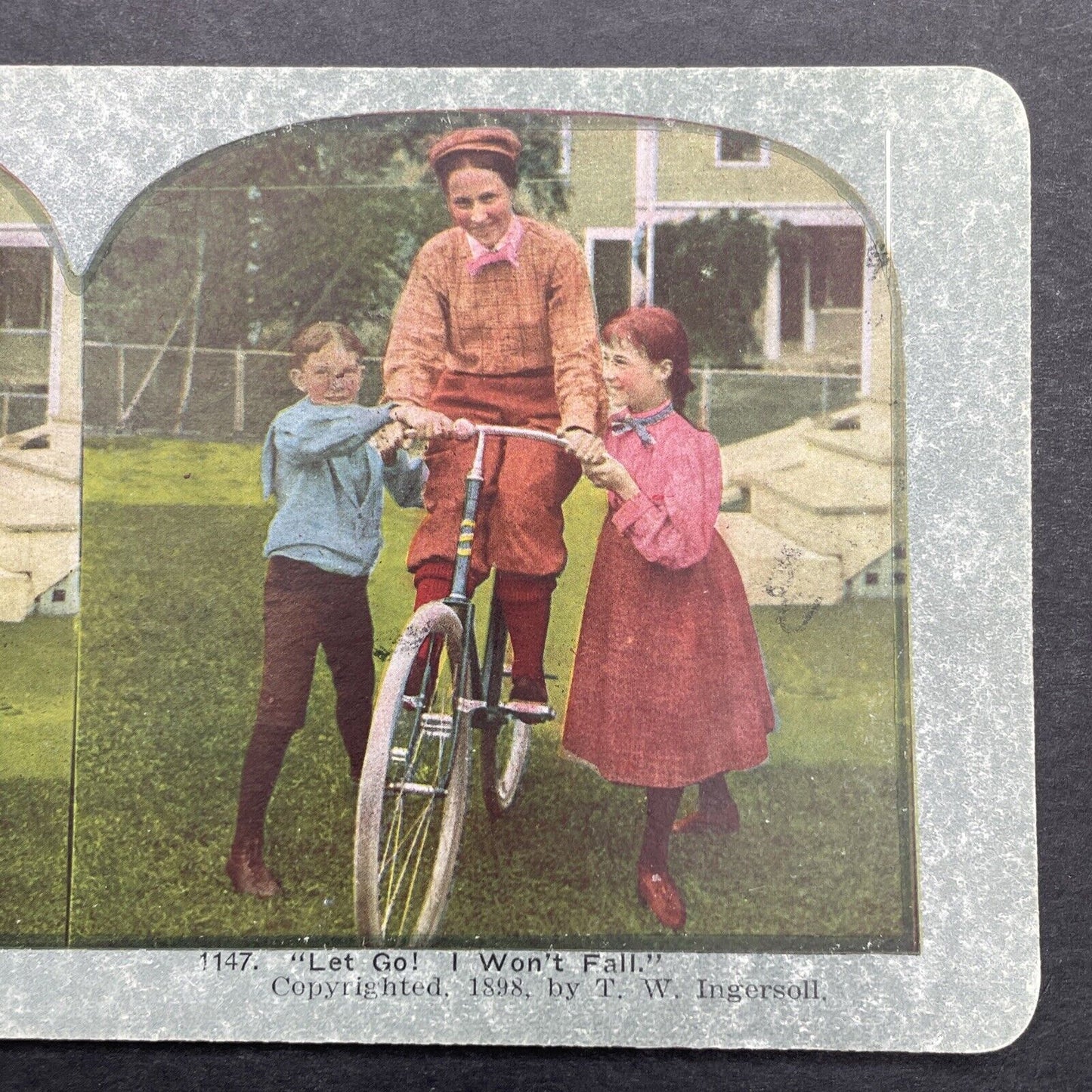 Antique 1898 Woman Learning To Ride A Bicycle Stereoview Photo Card P1253