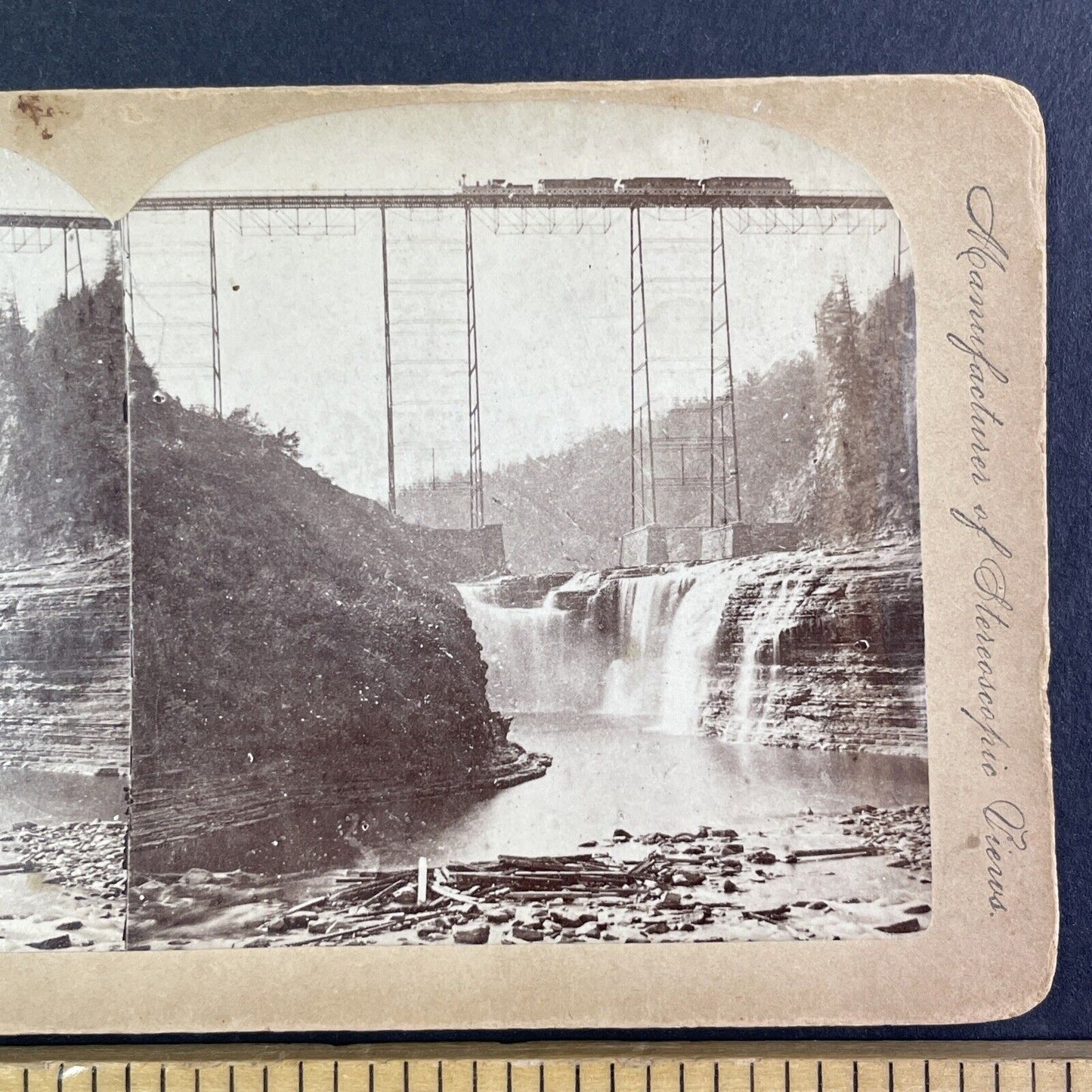 Portage Falls Train Bridge in New York Stereoview Charles Birestadt c1875 X1939