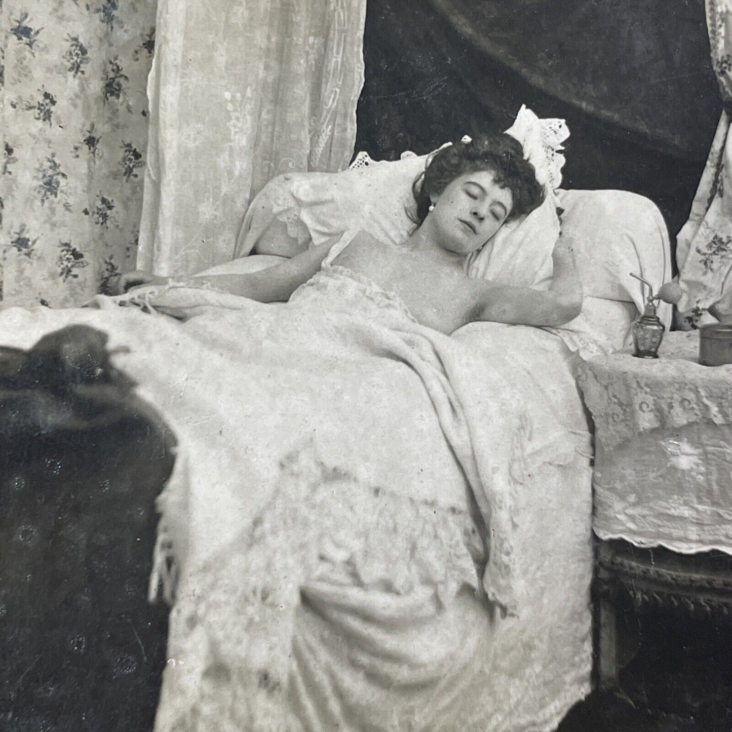 Nude French Woman Sleeping in Bed Stereoview C. Bonfort Antique c1899 Y021